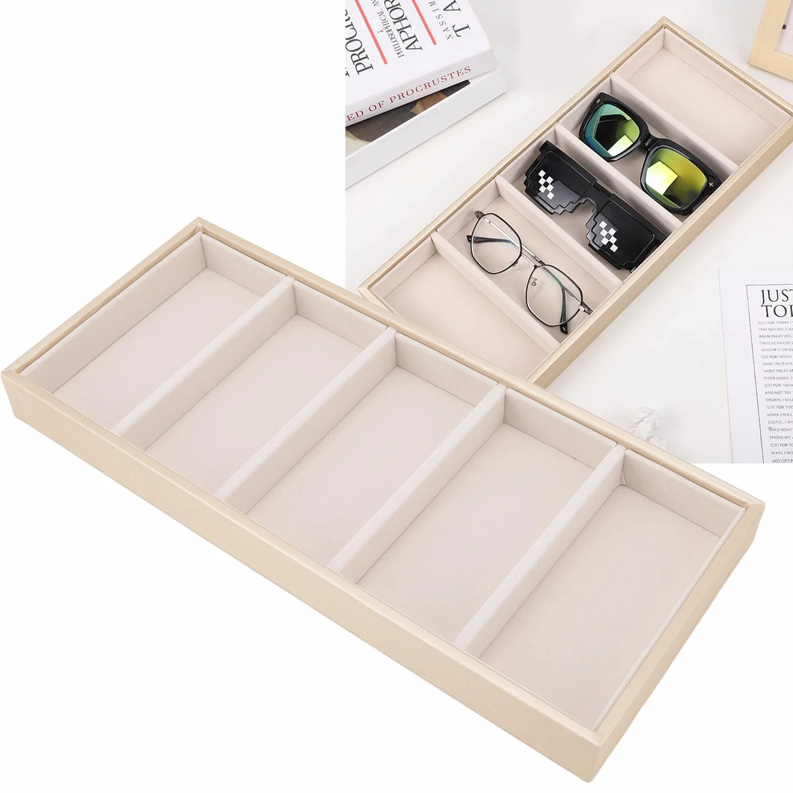Etui na Okulary, 5 Siatek Organizer na Okulary Przeciwsłoneczne dla Kobiet Mężczyźni Bez Osłony, Schowek na Okulary Witryna na Okulary do Szuflady na Biurko, Akcesoria do Organizacji(Beżowy)