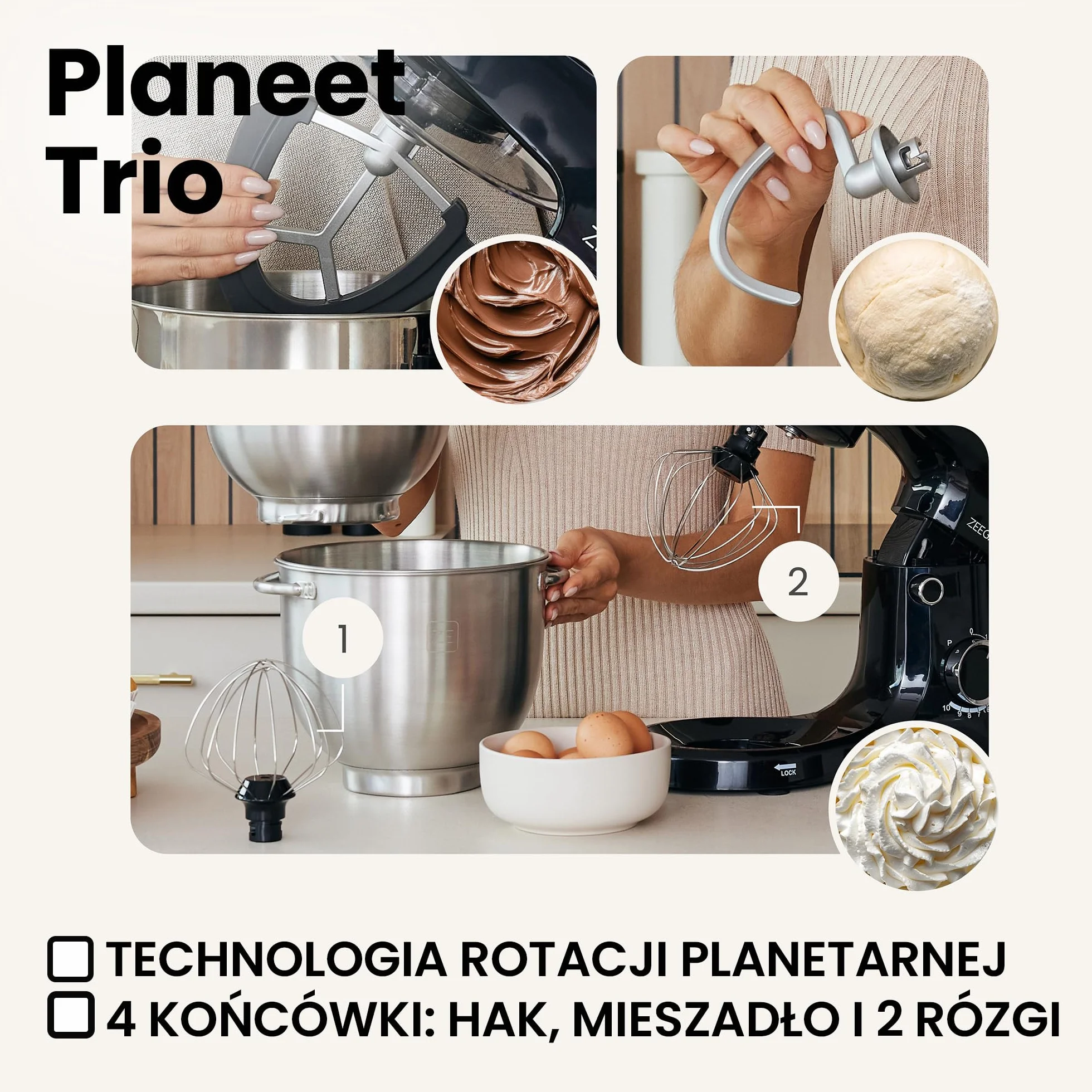 Robot Planetarny 1500 W Z 3 Misami 4l 4,5l 5,2l 10 Prędkości Mikser Hak Mieszadło Trzepaczka Biały