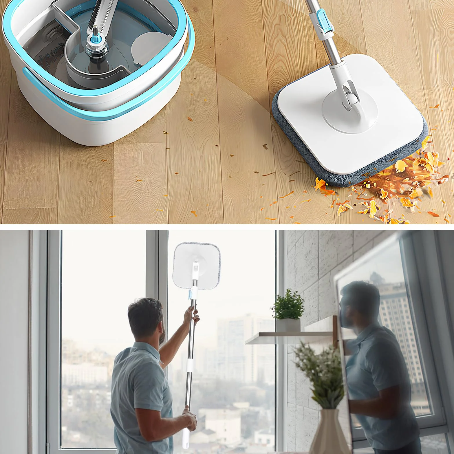 Mop do mopa 130 cm, z wiadrem wyciszającym, system filtrów 2 w 1 oddziela brud słodką wodę, mop z mikrofibry do podłóg okiennych, mop czyszczący z 2 podkładkami