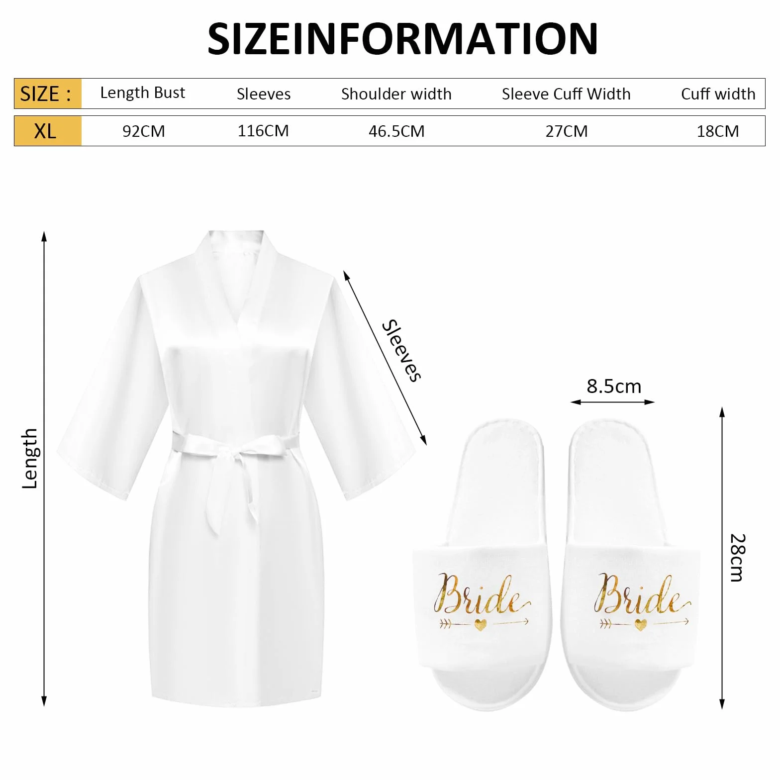 HENGBIRD Bride damski szlafrok satynowy kimono dekolt w serek bielizna nocna z kapciami na wesele dekoracja imprezowa JGA biały, XL