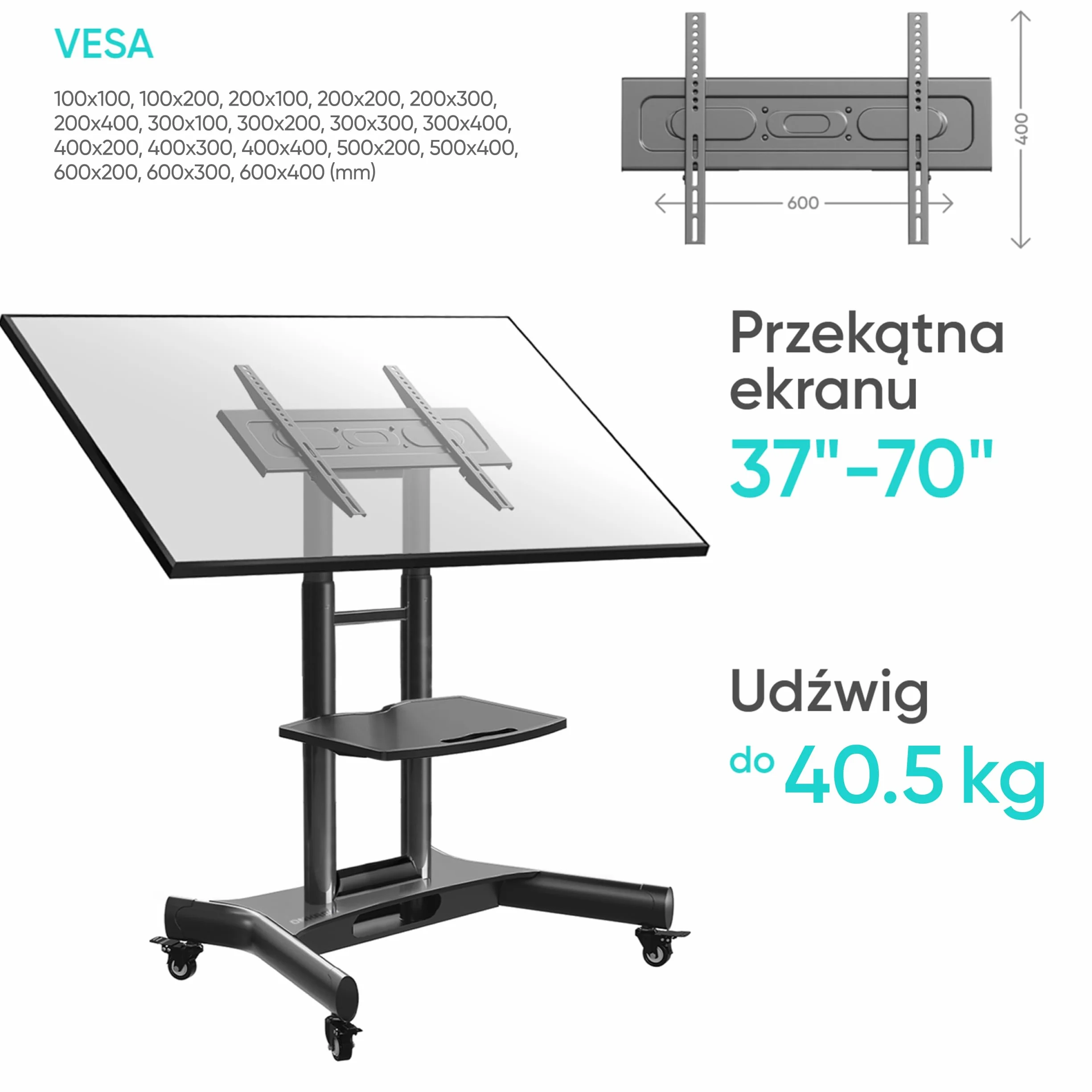 ONKRON Mobilny Stojak TV 32-70 Cali, Maks. 45 kg, Pochylany Wózek Pod Telewizor VESA 100x100-600x400, Stojak na Kółkach z Półką AV i Regulacją Wysokości, Czarny TS1350-B