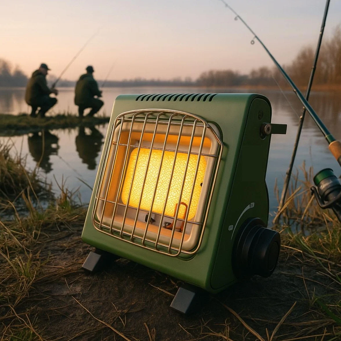 Alpen Camping - przenośny grzejnik gazowy zielony khaki 1700 W piezo, uchylne ogrzewanie dodatkowe, zabezpieczenie termoparą