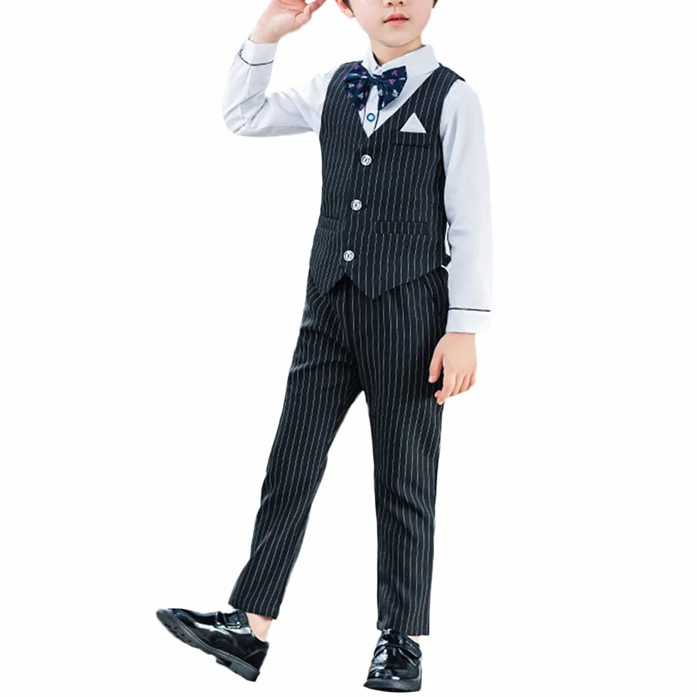 HONGBI Dres dziecięcy dla chłopców, kamizelka w paski, garnitur dla dzieci, kostium dżentelmena, smoking, koszula z długim rękawem, kamizelka, długie spodnie, krawat, ubranie do chrztu, wesele,