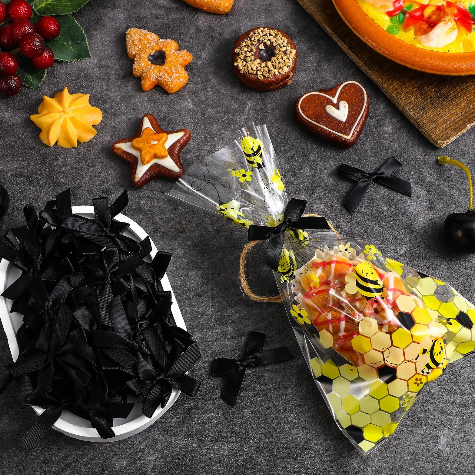 Czarne kokardki satynowe DIY do pakowania prezentów małe kokardy