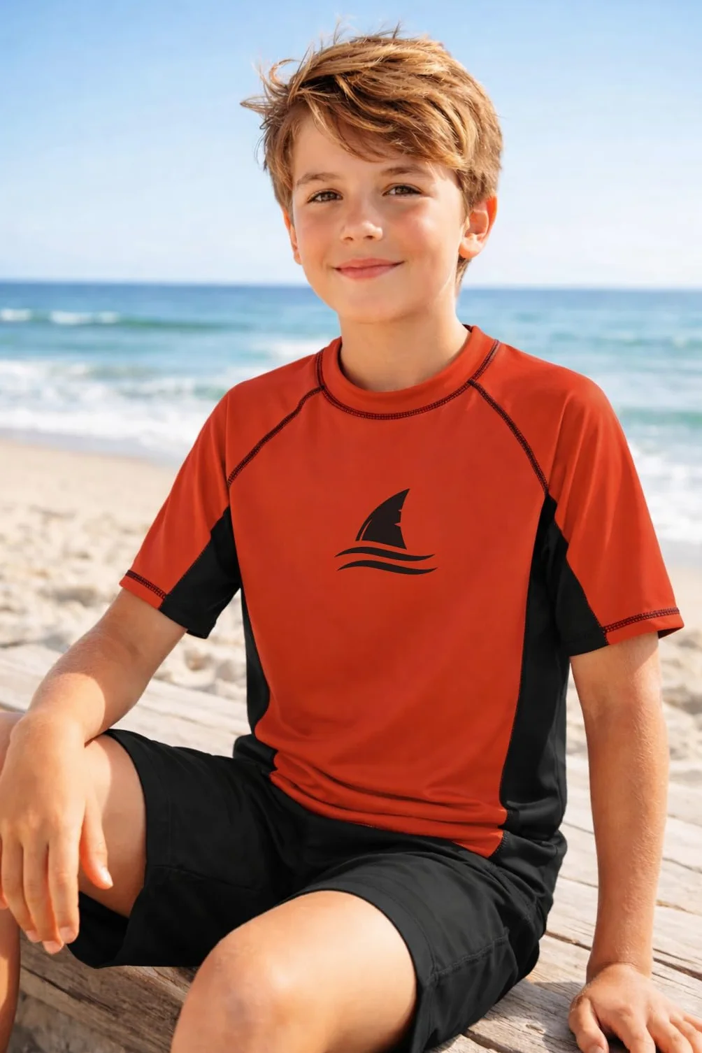 Rashguard chłopięca koszulka do pływania z krótkim rękawem UV koszulka kąpielowa okrągły kołnierz, moda kąpielowa, suszenie 104-164