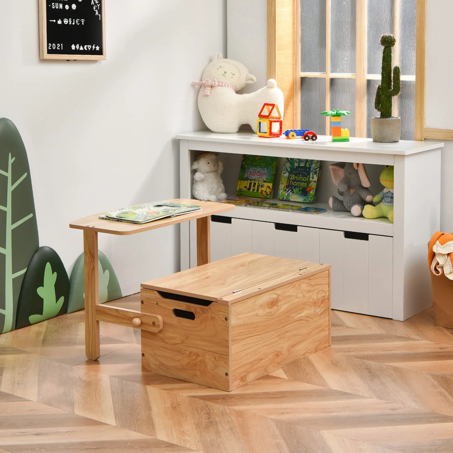 COSTWAY Stół Dziecięcy 3 w 1 z Ławką, Zestaw Mebli z Drewna z Miejscem Przechowywania, 60 cm