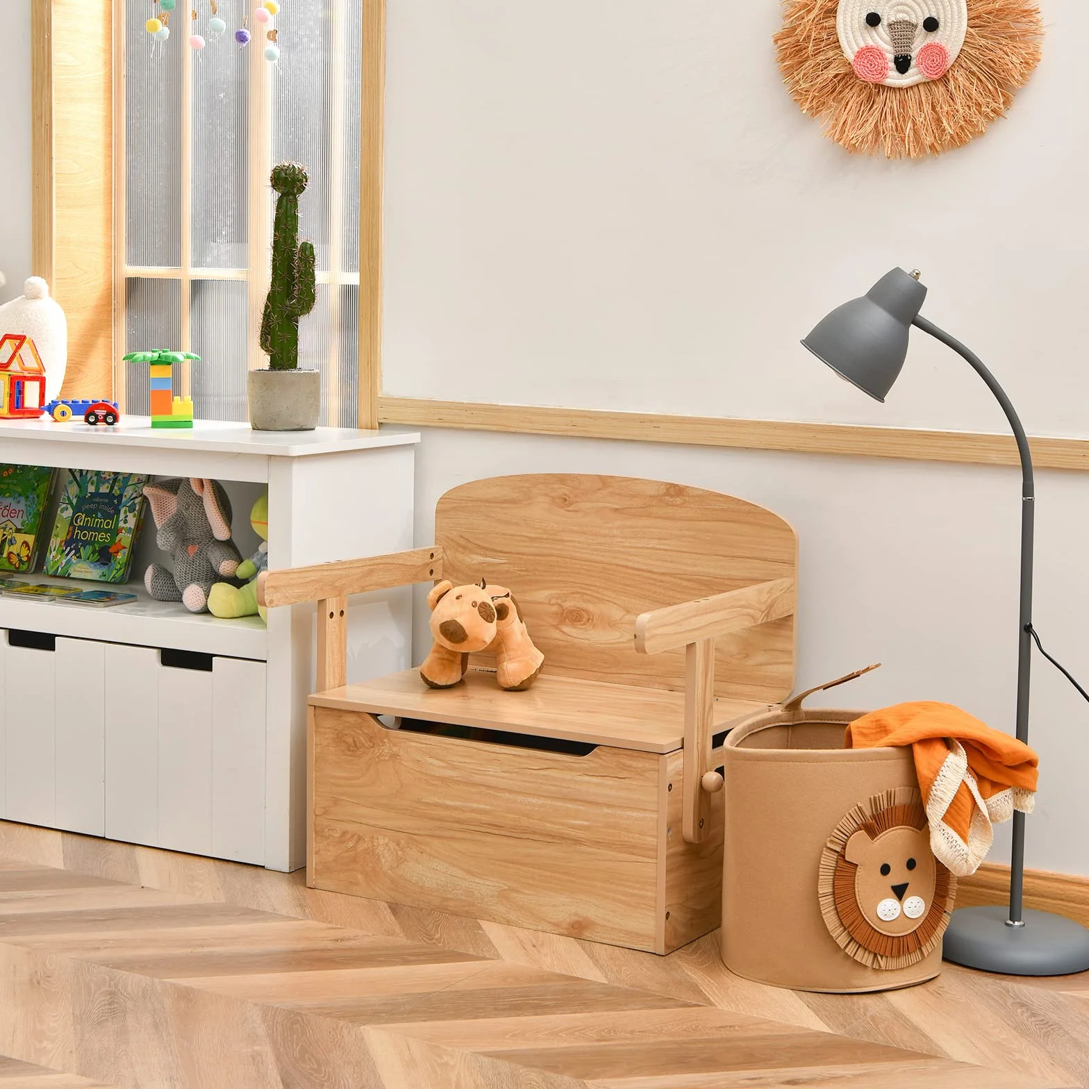 COSTWAY Stół Dziecięcy 3 w 1 z Ławką, Zestaw Mebli z Drewna z Miejscem Przechowywania, 60 cm