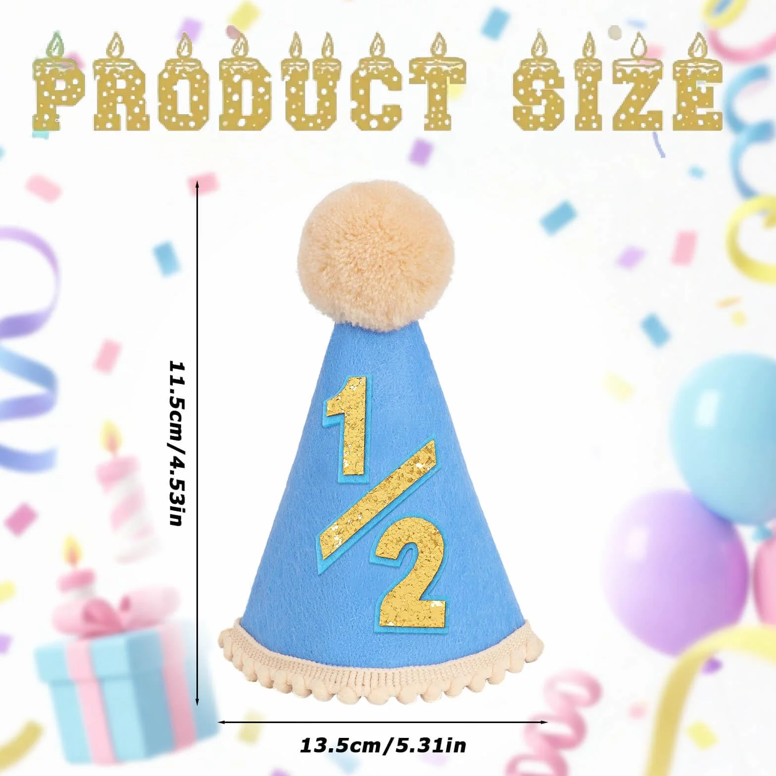 DRESHOW 1/2 Urodzinowy Kapelusz dla Niemowląt Półurodzinowe Stożkowe Kapelusze z Pomponami 6 Miesięcy Cake Smash Photo Props Nakrycia Głowy dla Dziewczynek i Chłopców