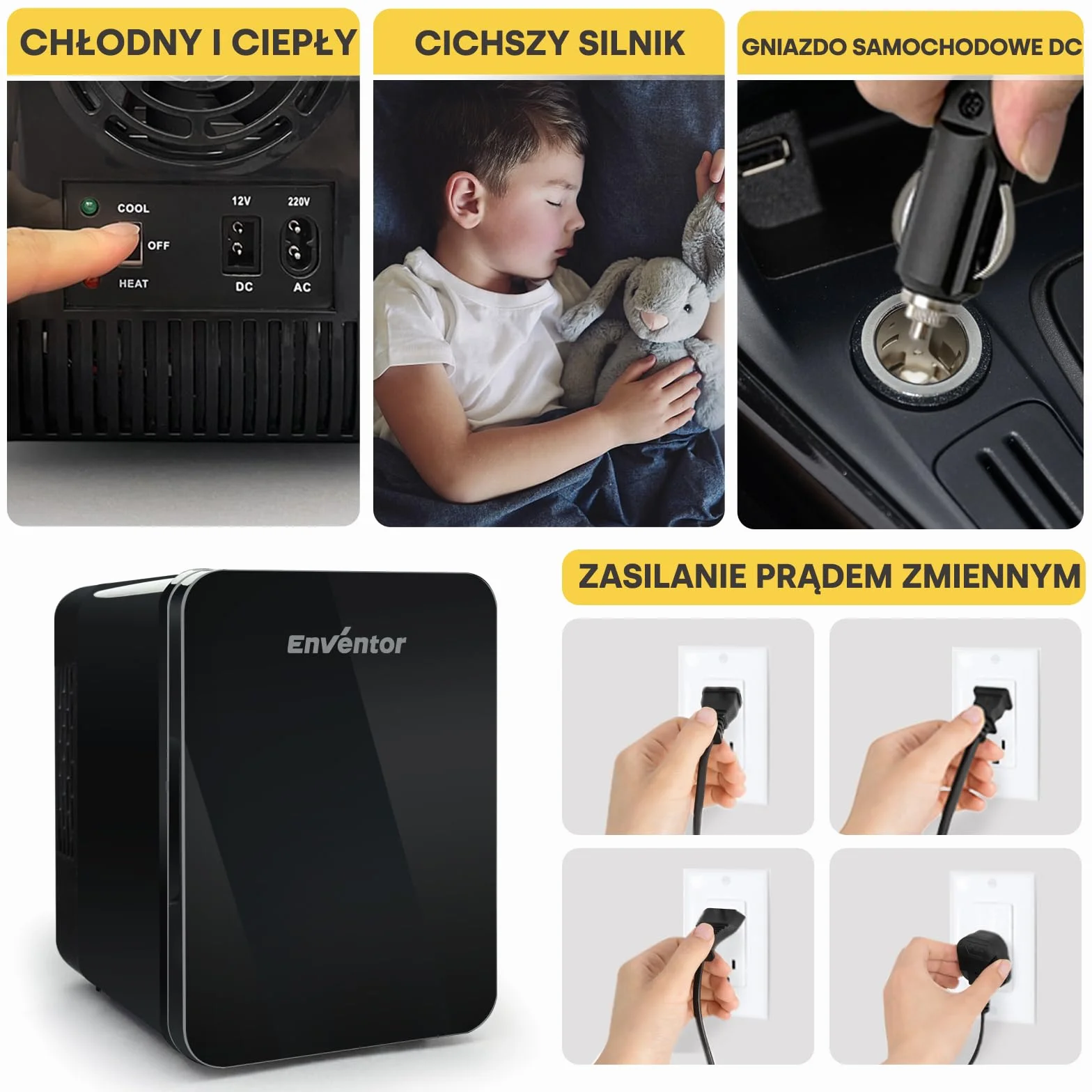 Enventor Mini Lodówka 4 litry, 6 puszek, AC+12V DC, przenośna, czarna