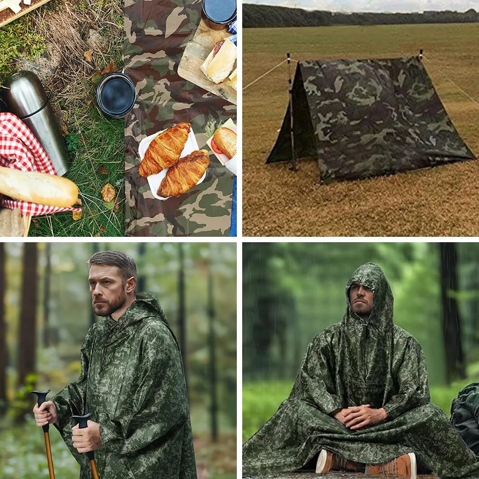peleryna przeciwdeszczowa kamuflażowa, wielofunkcyjna 3 w 1, wodoszczelna peleryna unisex, mata pod namiot, plandeka ochrony przeciwsłonecznej, peleryna przeciwdeszczowa do wędkowania, wędrówek