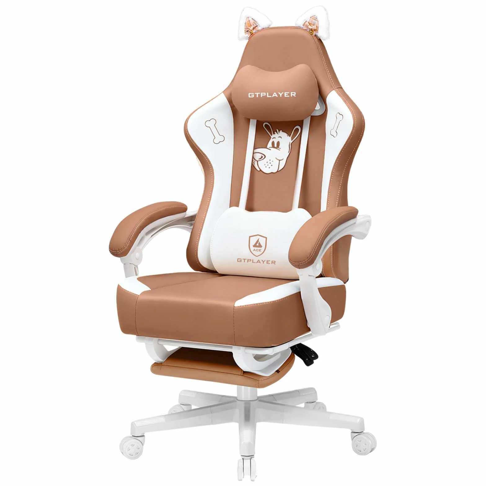GTPLAYER Urocze krzesło gamingowe, ergonomiczne krzesło biurowe dla graczy z kocimi uszami, pianka memory i podnóżek, 150 kg, sztuczna skóra, brązowe