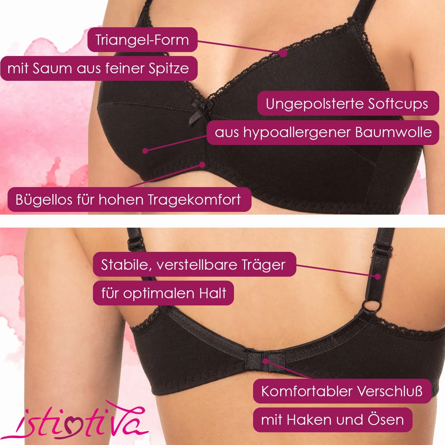 Laura - Biustonosz bez fiszbin 100% bawełny - Nieusztywniany - Biustonosz trójkątny do delikatnych piersi o wysokim komforcie - Biustonosz damski z miękkimi miseczkami