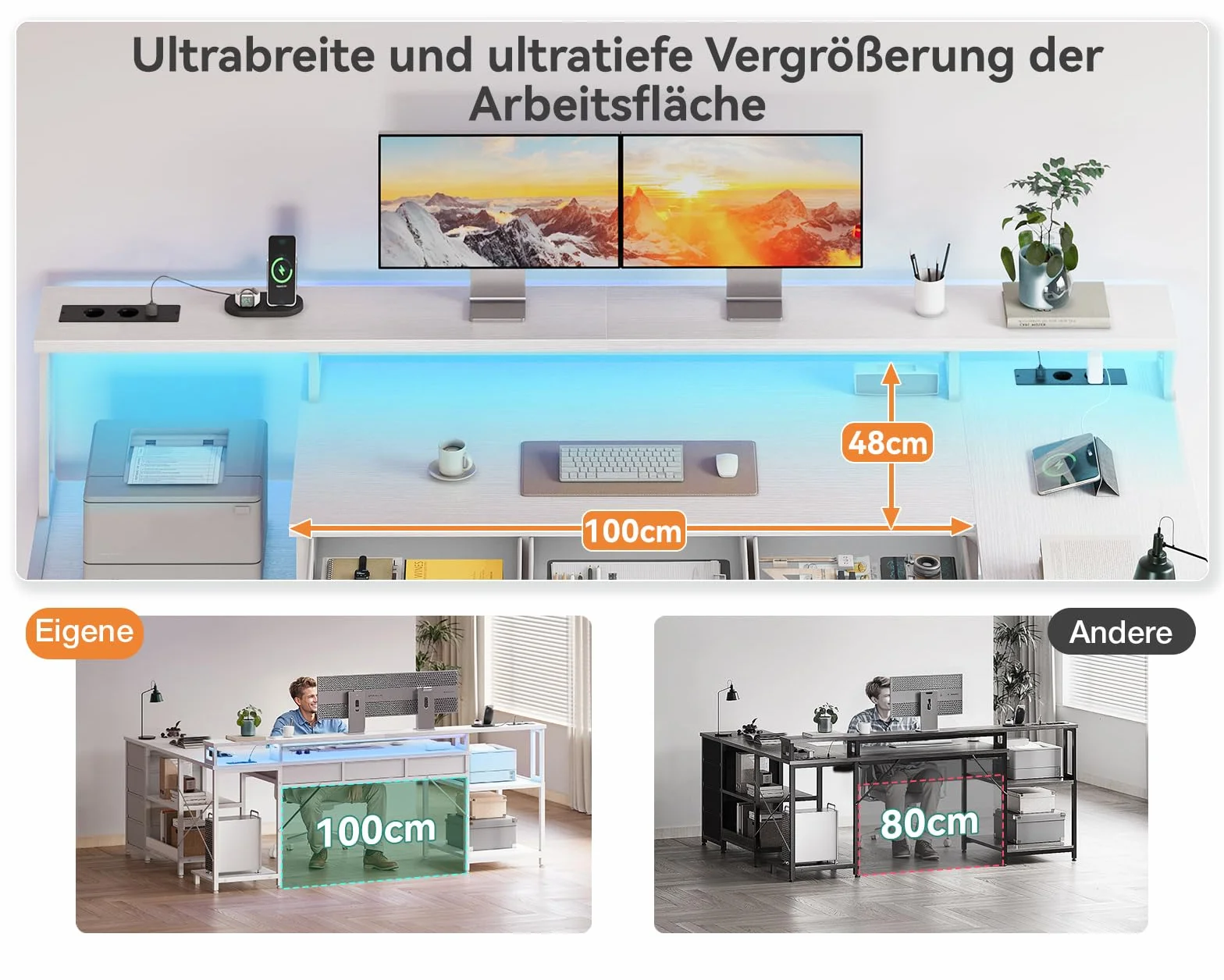 Coleshome Biurko Gamingowe ze Światłem RGB, 179.5×135.5cm Narożne z 7 Szufladami, Reversyjne w Kształcie L z 2 Gniazdami, biały