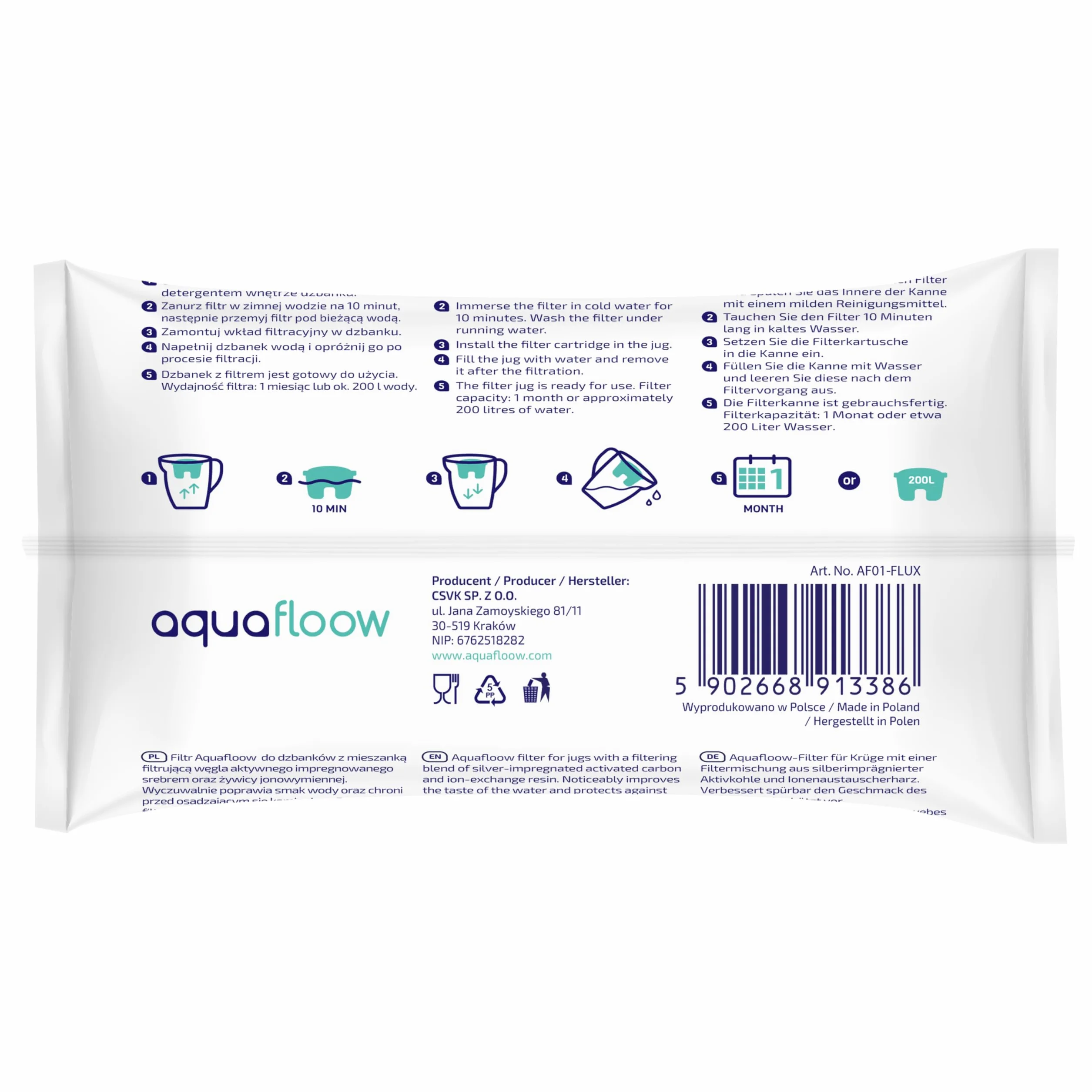 Aquafloow Wkłady filtrujące do wody Aquaflux 4 sztuki kompatybilne z Laica Bi-Flux Dafi Unimax
