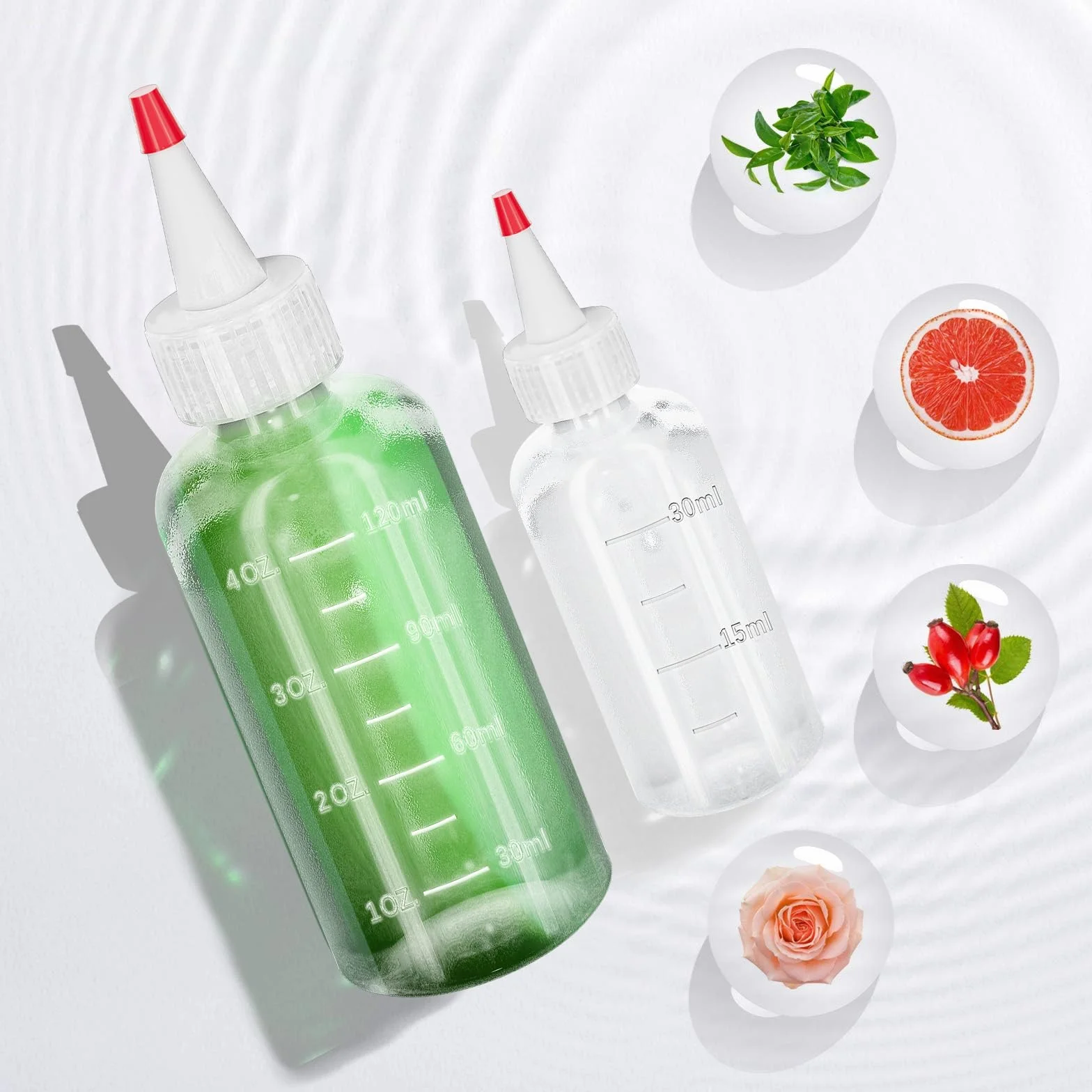 Butelka z rozpylaczem, 18 sztuk, butelka dozująca, butelka do wyciskania, 30 ml/60 ml/120 ml, butelki z rozpylaczem, z czerwonymi końcówkami i nakrętkami, lejki, etykiety, szczotki do sosu sojowego