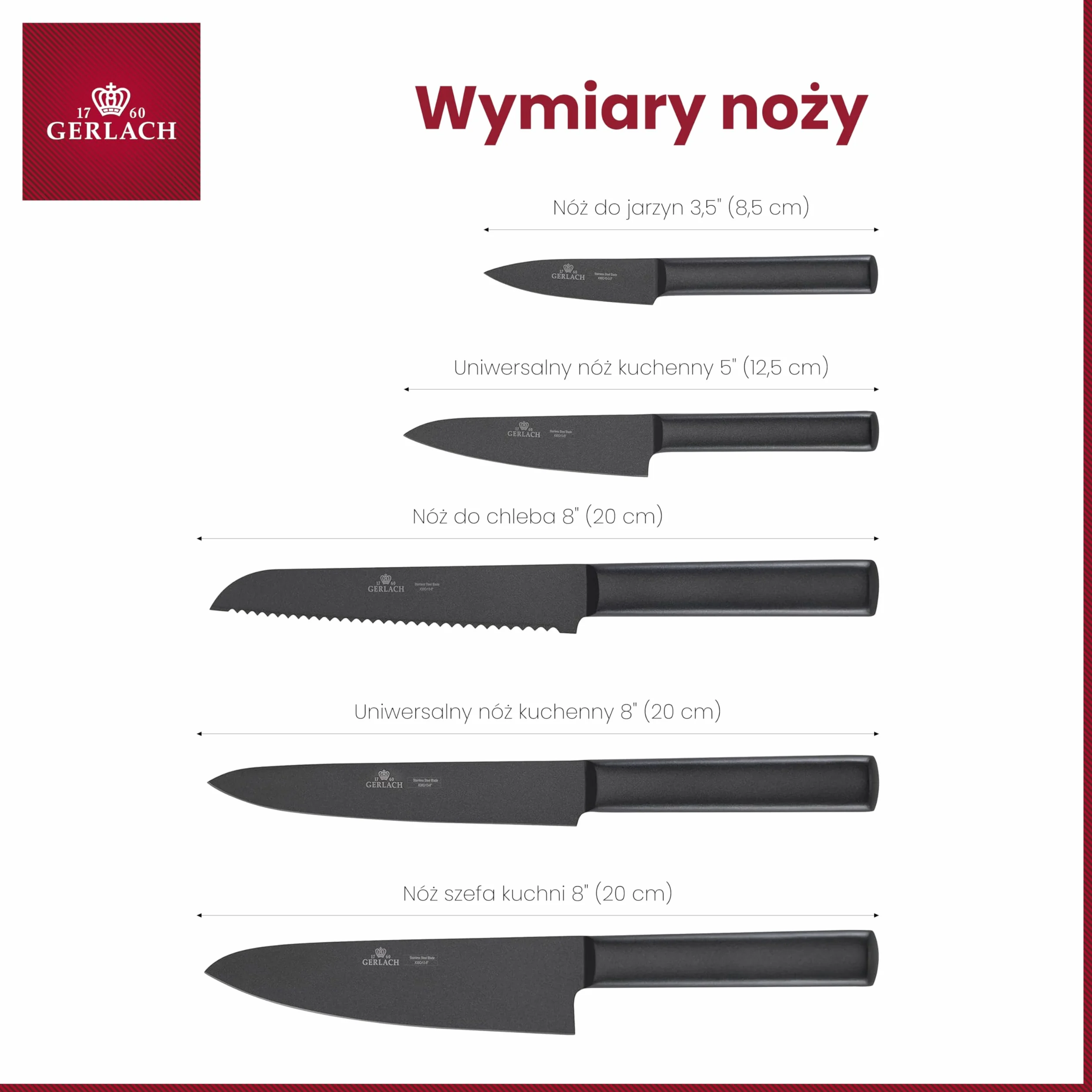 Gerlach zestaw noży kuchennych w bloku Ambiente czarny stal nierdzewna