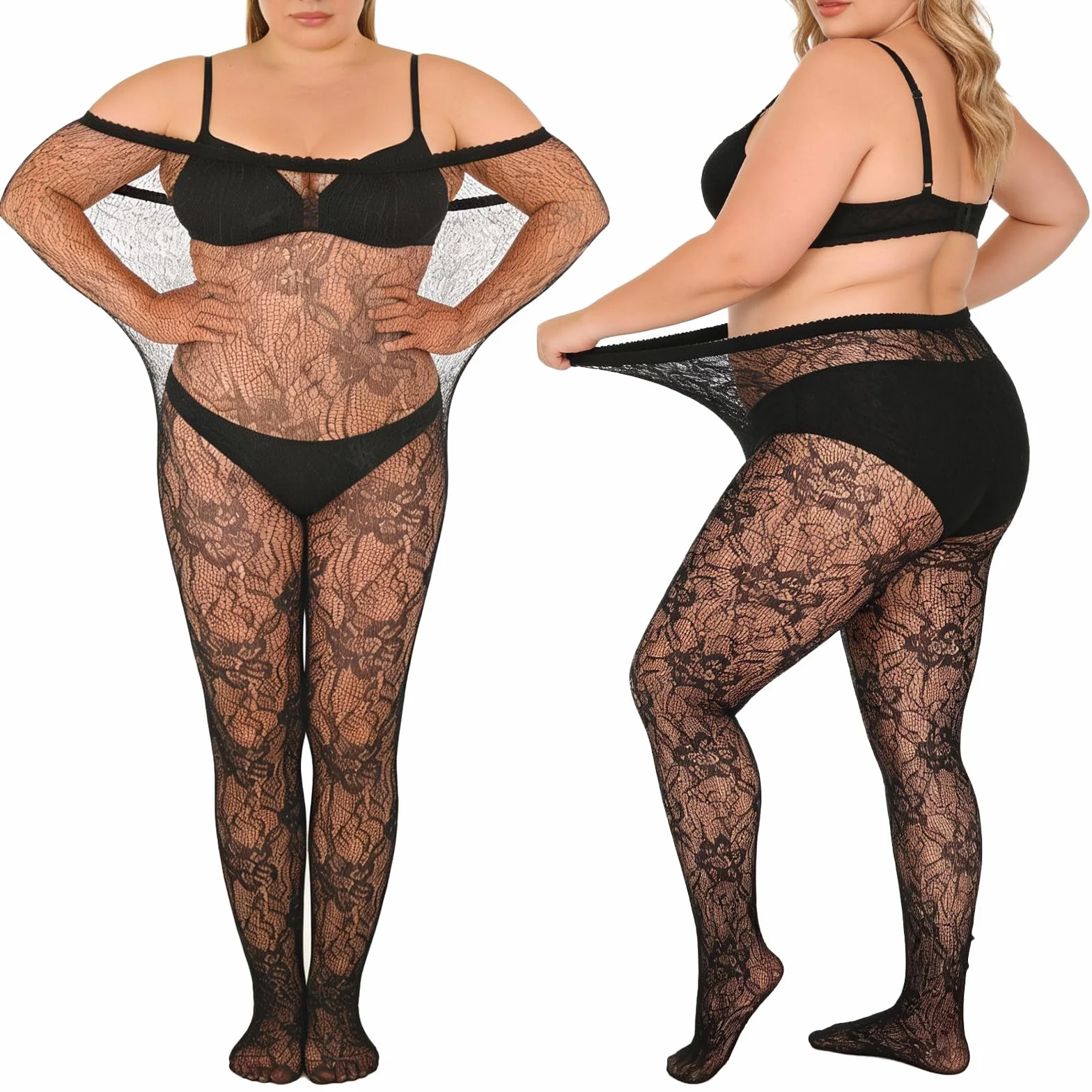 Lusofie 2 szt. koronkowe rajstopy plus size kwiatowy wzór - wysoka talia czarne pończochy plus size dla kobiet - wygodne do 104 kg elastyczne aksamitne rajstopy kabaretki