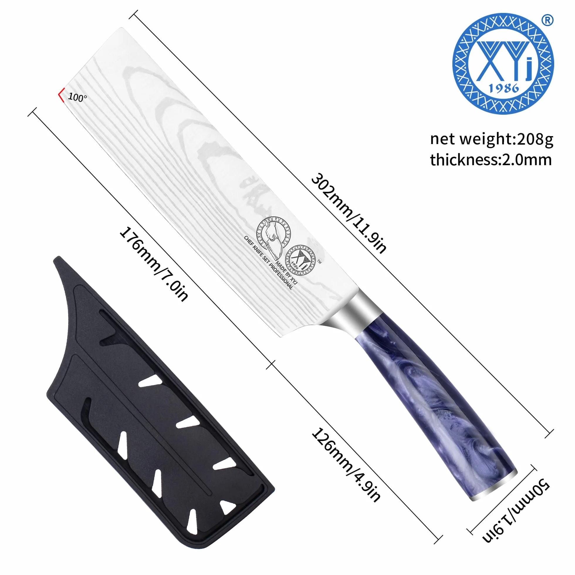 XYJ Authentic Since 1986,7 Inch Japanese Nakiri Knife,Stainless Steel Kitchen Cutlery,Meat Cleaver,Laser Damacus Pattern,Slicing Chef Knife With Sleeve,Resin Handle