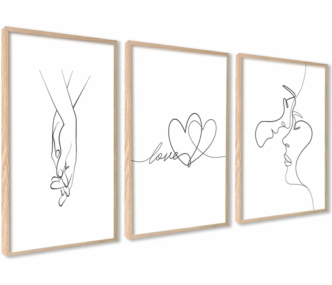 Zestaw plakatów Line Art Love 3 sztuki 30 x 40 cm czarno-białe cytaty dekoracja ścienna bez ramy