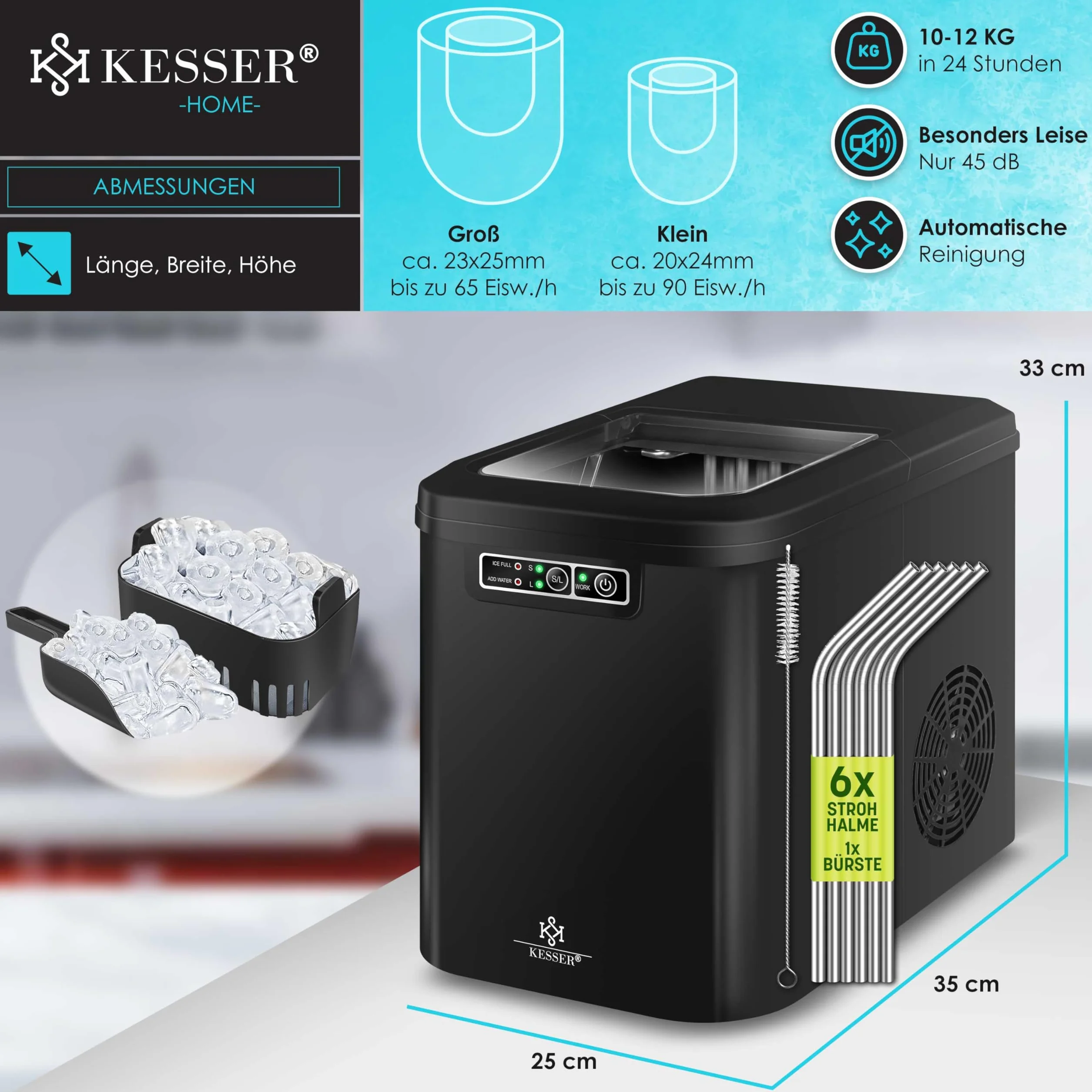 KESSER Ice Maker Stainless Steel 12 kg 24 h 2,2 l Zbiornik Wody LED Samooczyszczanie