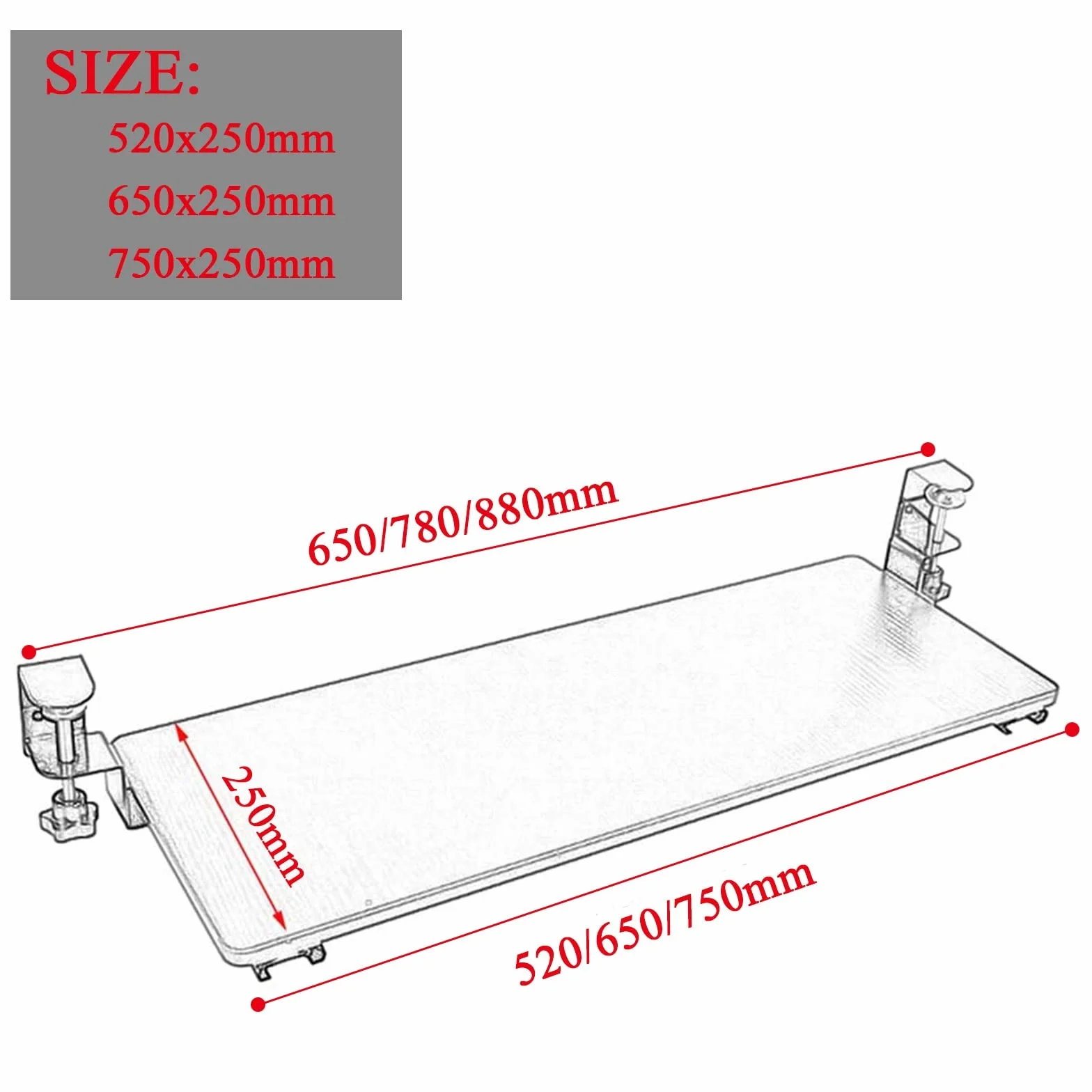 Bardzo szeroka półka na klawiaturę 520/650/750x250 mm — wysuwana platforma pod klawiaturę pod biurkiem, pasuje do pełnowymiarowej klawiatury i myszy, ergonomiczne przedłużenie biurka Wsporni