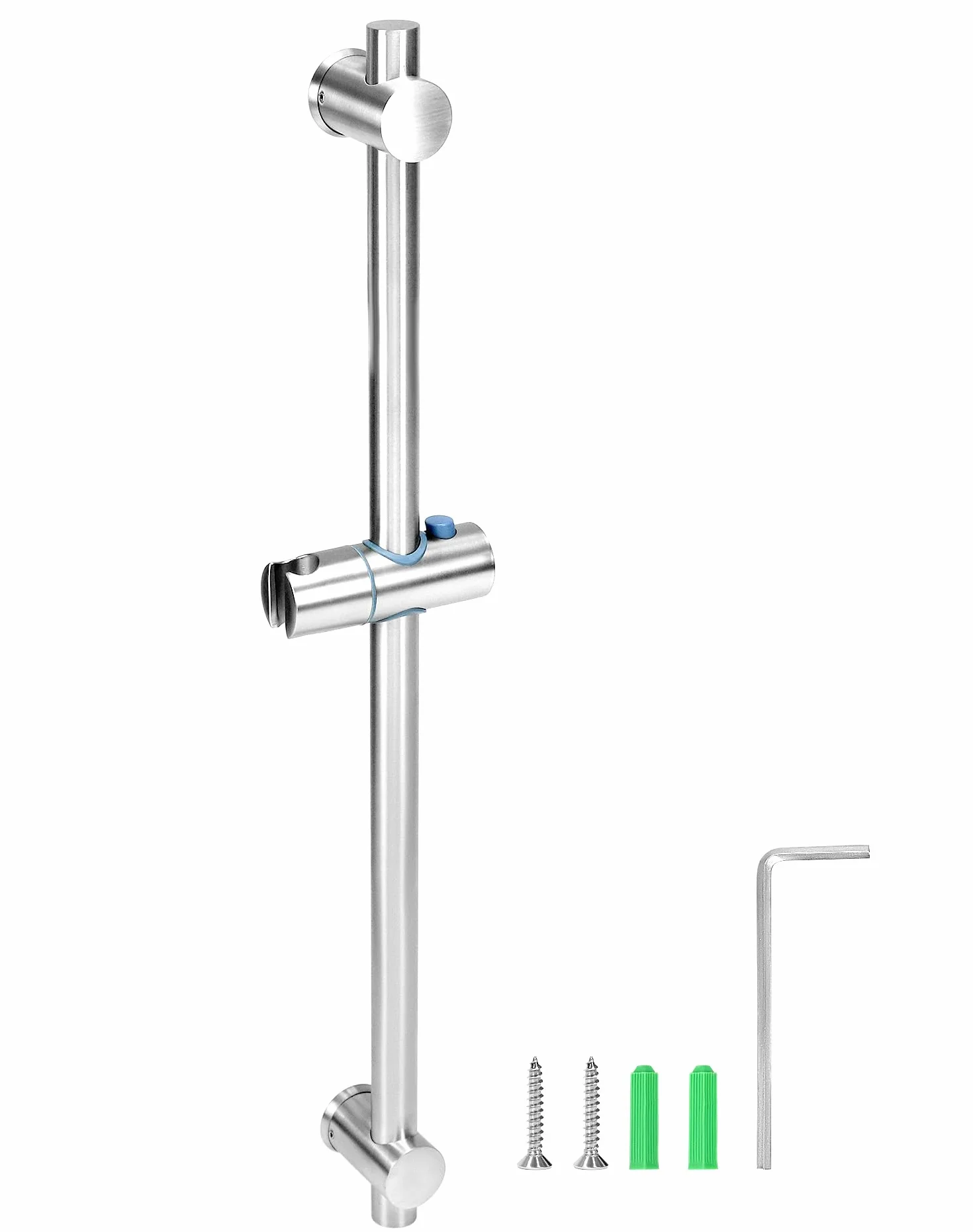 QWORK® Drążek prysznicowy 66 cm z elastycznym uchwytem na słuchawkę prysznicową– Stal nierdzewna SUS 304 – Wykończenie szczotkowane – Regulowane podstawy montażowe