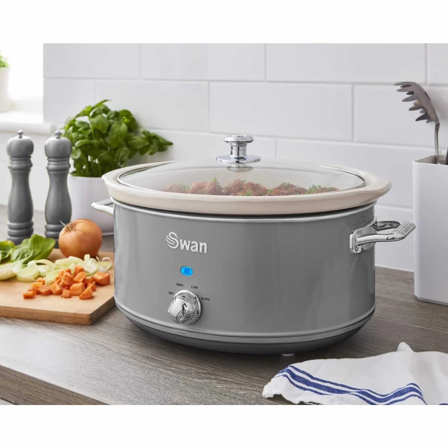 Swan Retro SF17031GRN wolnowar 6,5 l Wymienny pojemnik, nieprzywierająca ceramika wolna od PFOA i PTFE, 3 poziomy temperatury, szklana pokrywa, powolny kucharz, vintage design, szary, 320 W