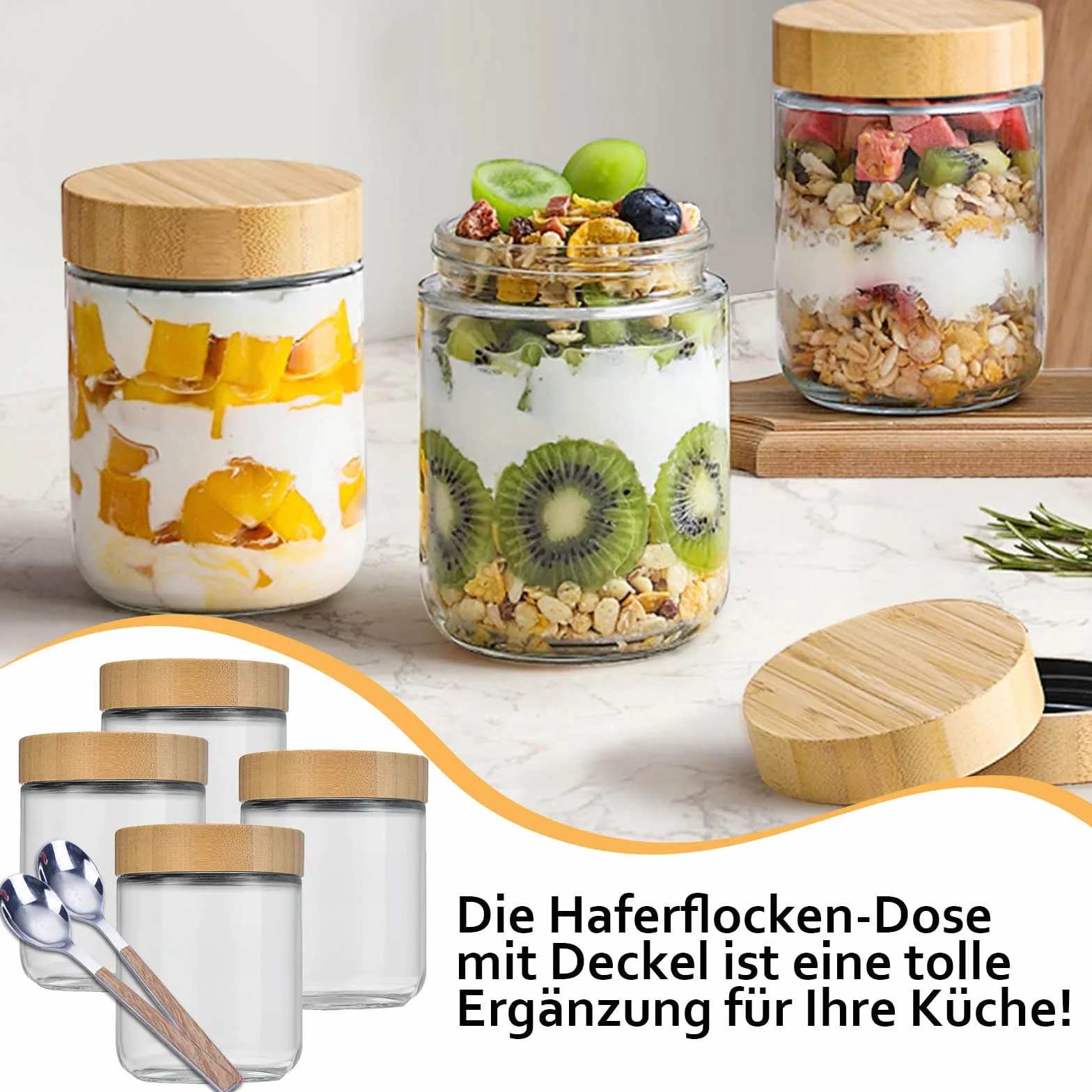 Szklane słoiki Overnight Oatmeal 500 ml 4 szt. z bambusową pokrywką i łyżką ze stali nierdzewnej