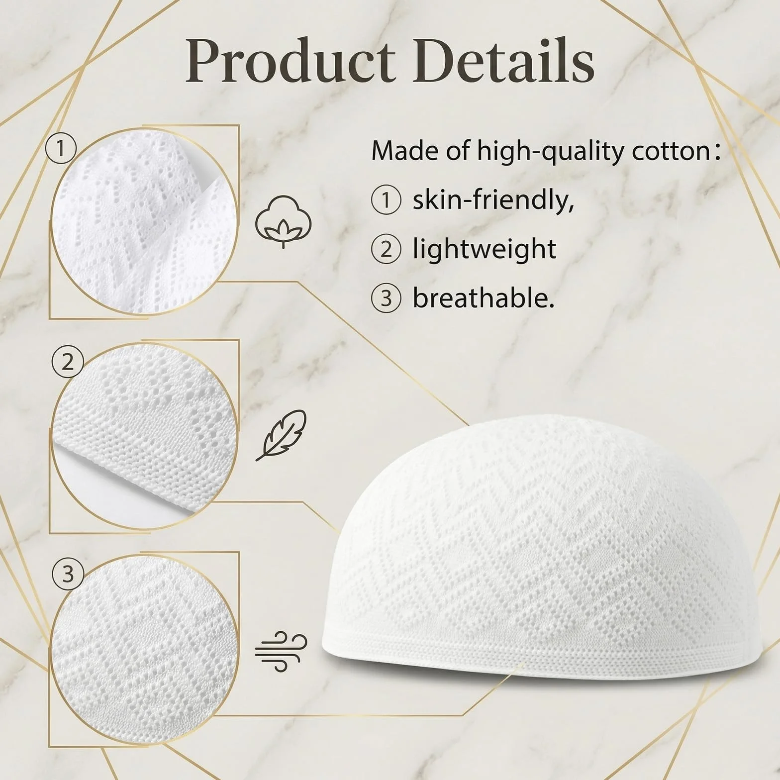 Muzułmańska czapka męska Kufi 3 sztuki bawełna biała obwód głowy 55-59 cm taqiyah Kufi Cap kwadratowy wzór lekka oddychająca