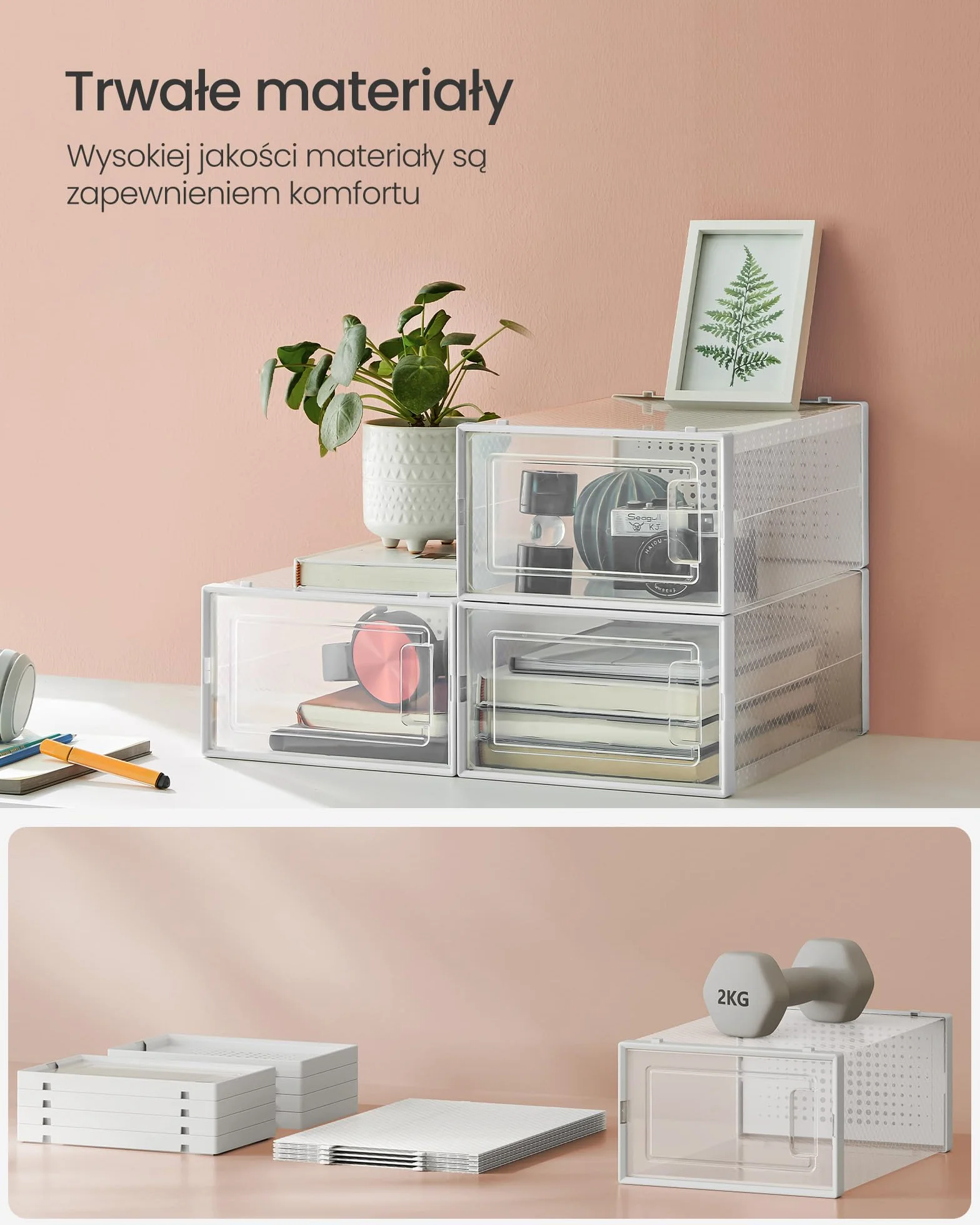SONGMICS Pudełka na buty zestaw 12 sztuk organizer plastikowe składane układane w stosy do rozmiaru 44 przezroczysty-biały LSP12SWT