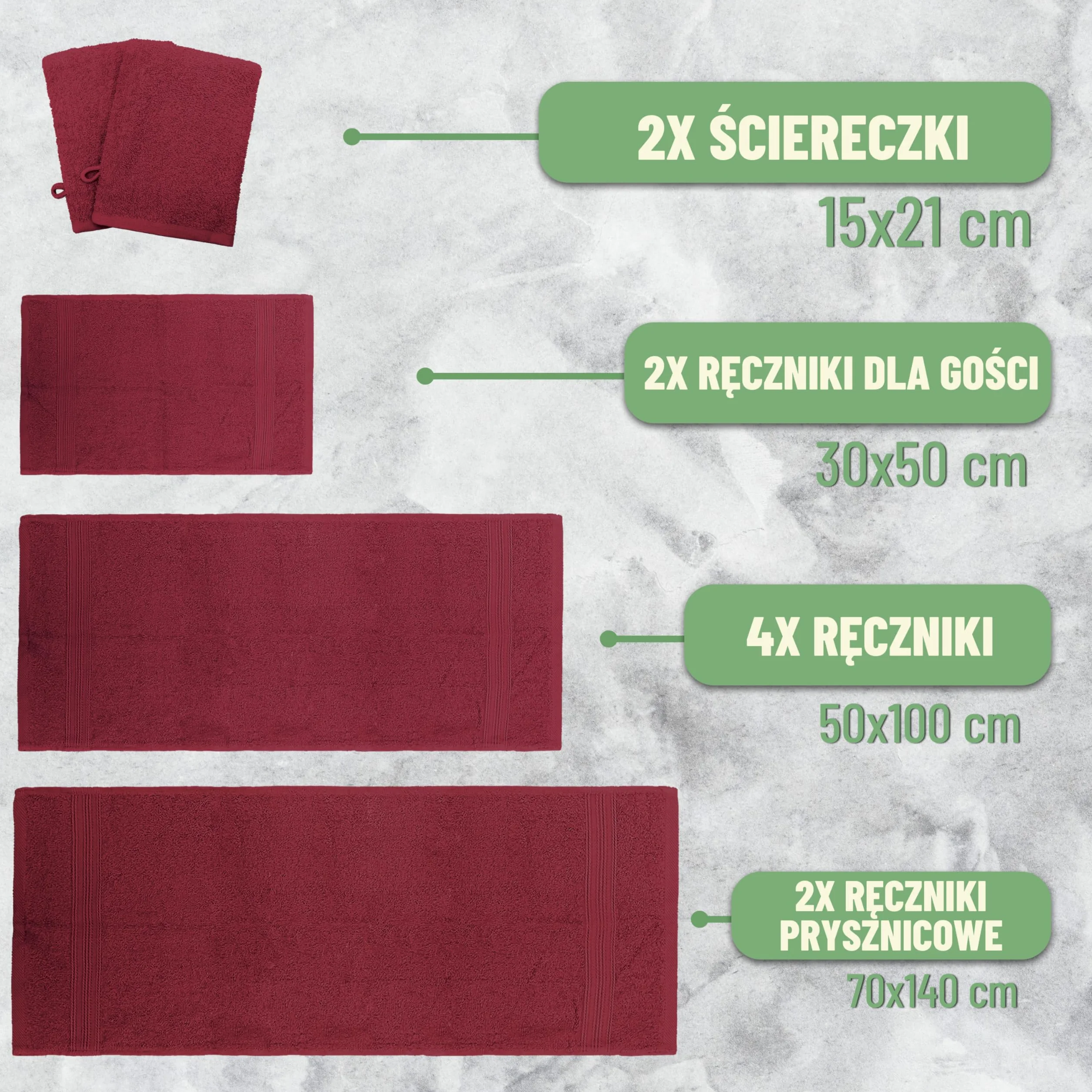 GREEN MARK 10-częściowy zestaw ręczników z 100% bawełny – 4 ręczniki 50×100 cm, 2 ręczniki kąpielowe 70×140 cm, 2 ręczniki gościnne 30×50 cm oraz 2 rękawice do mycia – Bordowy