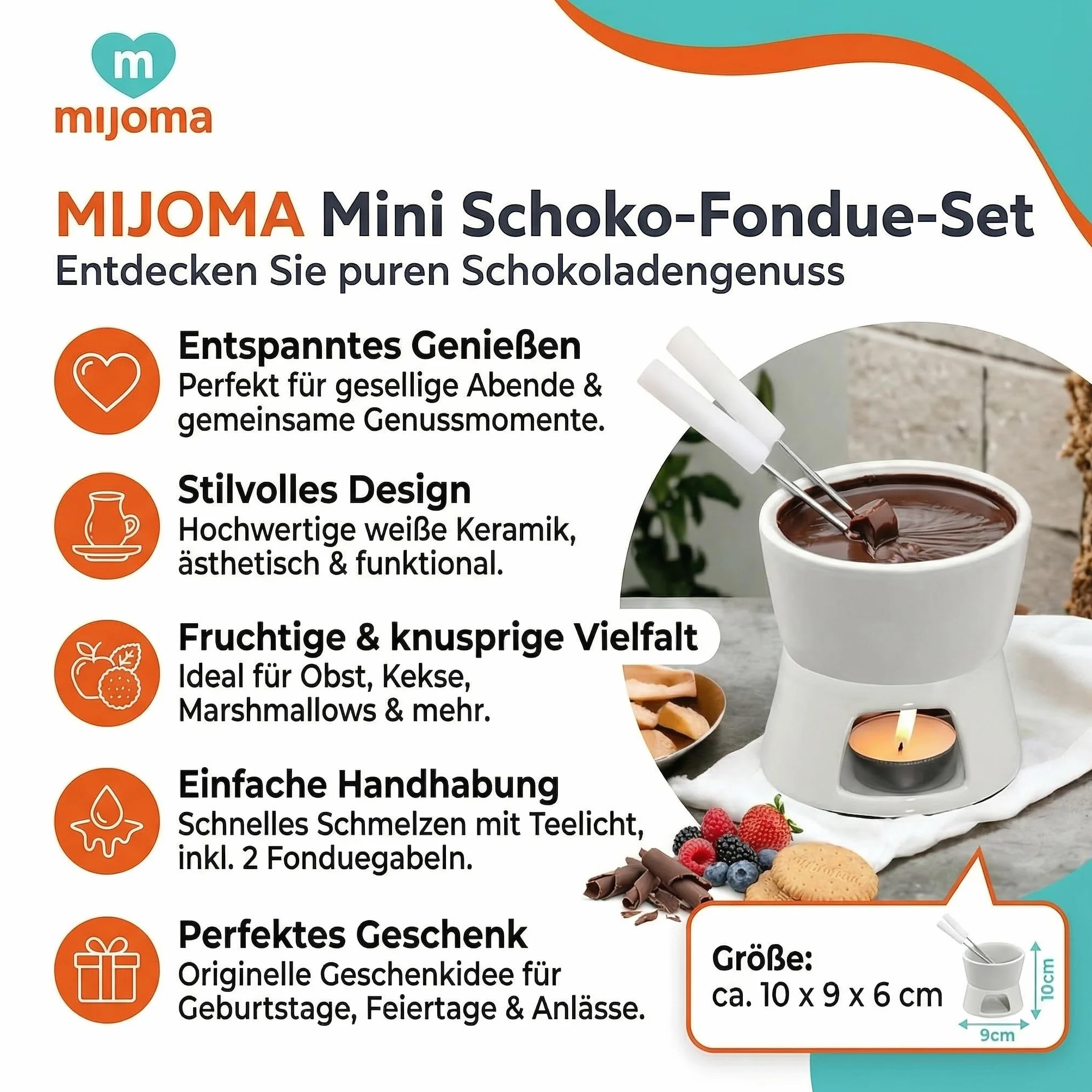 MIJOMA Mini zestaw do fondue czekoladowego biały 2 widelczyki