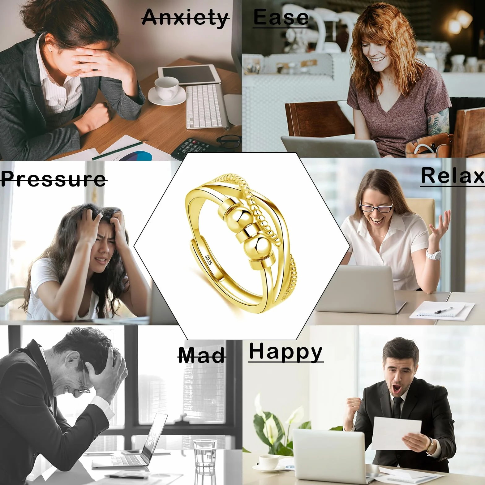 Anxiety pierścionek ze srebra próby 925, dla kobiet, otwarty, regulowany, antystresowy, z cyrkonią, pierścionek antystresowy, antystresowy, antystresowy, antystresowy