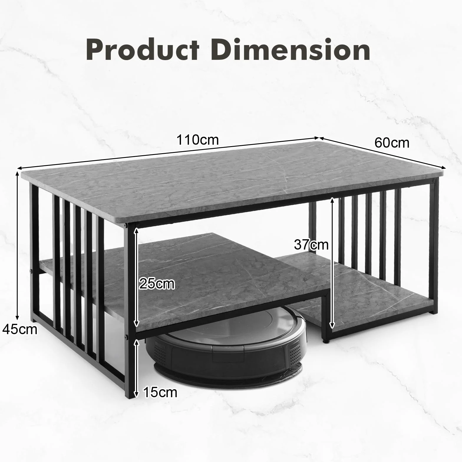 LIFEZEAL Stół Centrum Salonowe, z efektem marmuru, niski stół sofa, Drewno+metal, nowoczesny, otwarty stojak, 110 x 60 x 45 cm