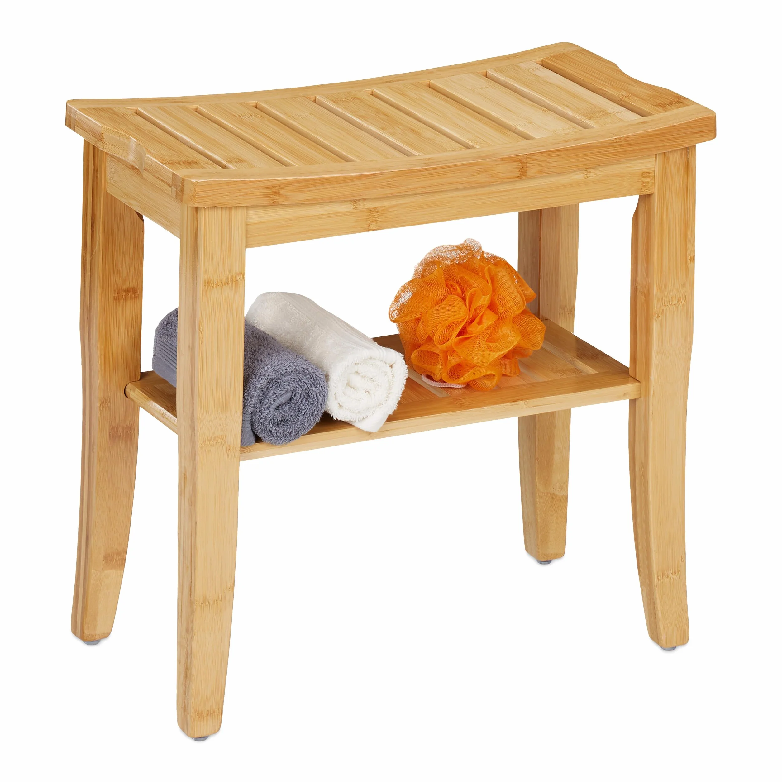 Relaxdays Taboret łazienkowy bambusowy, wys. x szer. x gł.: 45,5 x 48 x 25 cm, nośność: 150 kg, nóżki antypoślizgowe, taboret do siedzenia z półką, naturalny