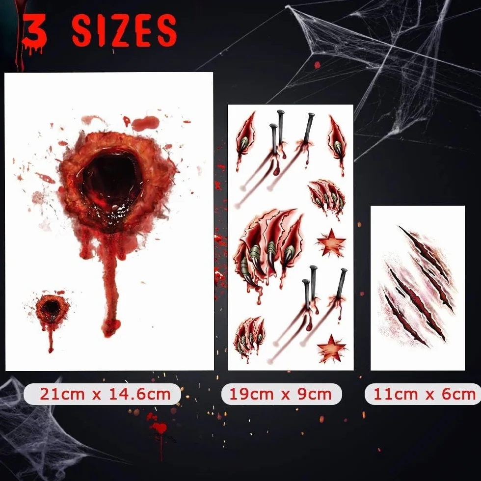 Sporgo Tatuaże na Halloween: 24 arkusze tymczasowych tatuaży, zombie, blizny, naklejki, rany, krew, zadrapania, do kostiumu, makijażu, imprezy, rekwizyty