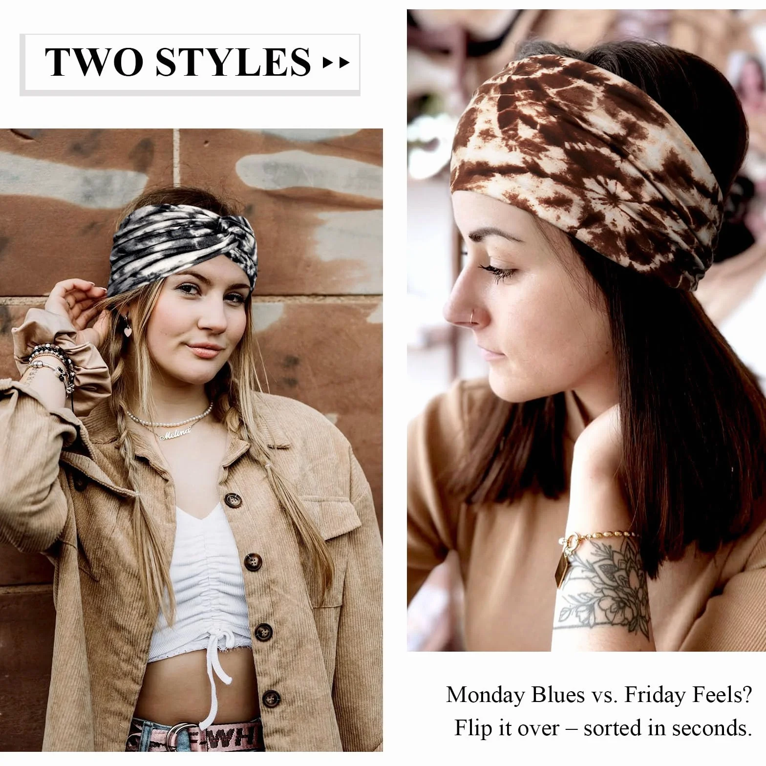 Kavya Opaska na Głowę Damska, Bandana Print, 4 Sztuki, 10 cm Szerokości, Elastyczna, Boho Style, do Jogi i Sportu (Niebieski, brązowy, szary, zielony)