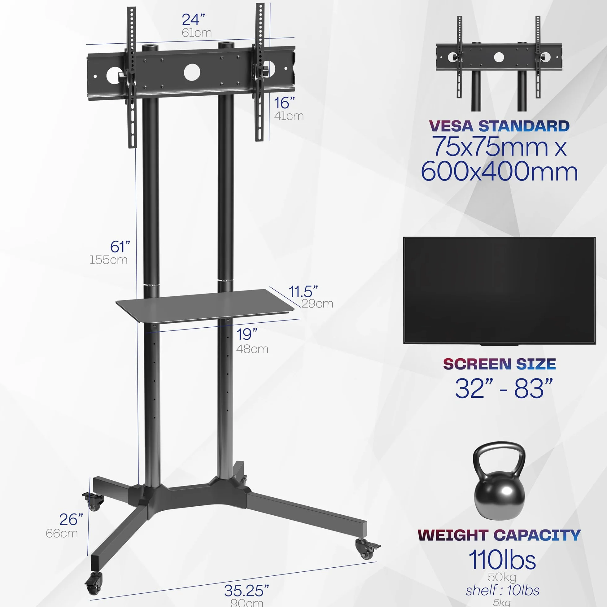 VIVO STAND-TV03E mobilny wózek na telewizor o przekątnej od 32 do 210.8 cm do 50 kg, LCD LED OLED 4K Smart Flat i zakrzywione panele, stojak na kółkach z półką na laptopa DVD, kółka blokujące, Max