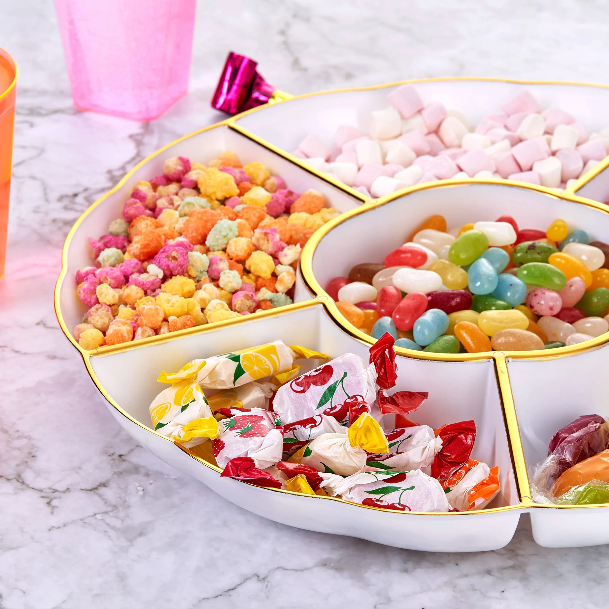 Pack of 5 Round Compartment Trays with 6 Sections, Reusable Party Platters 12'' (30 cm)