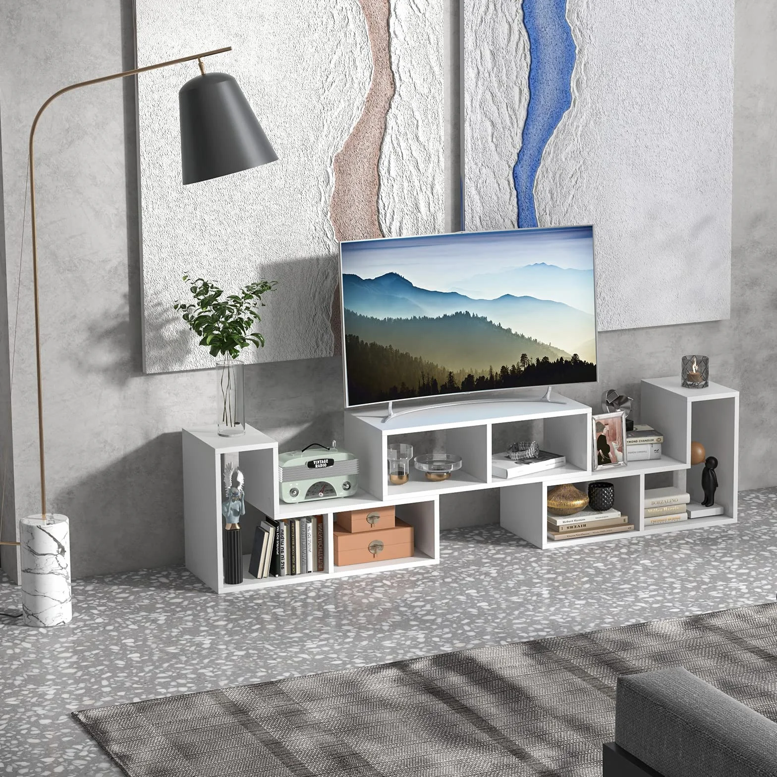 GIANTEX Stojak do telewizora 65 cali, szafka pod TV 134-180 x 30 x 43 cm biały