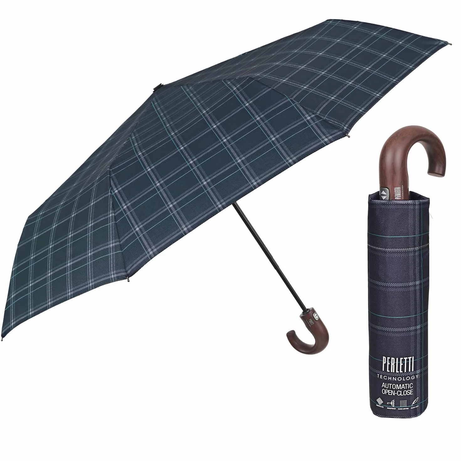 Automatyczny Parasol Mężczyzn Wygiętą Rączką - Parasol Męski Wiatroodporny Kieszonkowy Automatycznym Systemem Otwórz Zamknij Szkocka Fantazja - Średnica 104 cm - Perletti (Tartan Niebieski i Zielony)