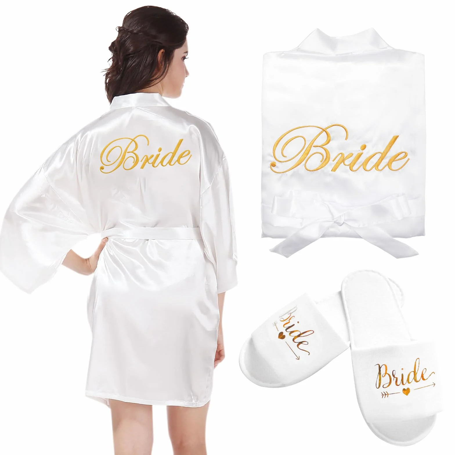 HENGBIRD Bride damski szlafrok satynowy kimono dekolt w serek bielizna nocna z kapciami na wesele dekoracja imprezowa JGA biały, XL
