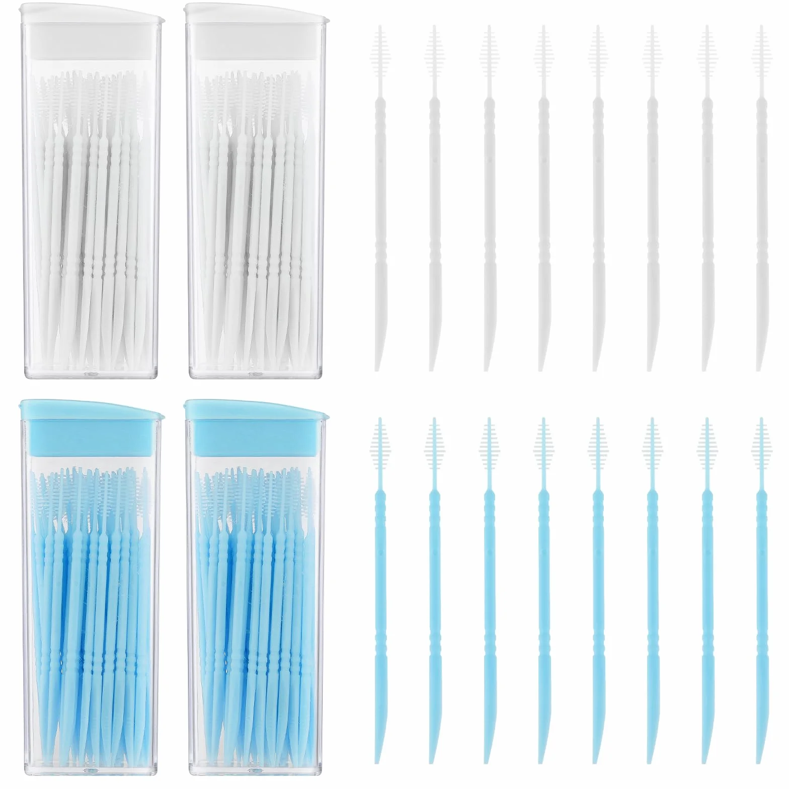200 sztuk plastikowych podwójnych głowic, nić dentystyczna, szczoteczka do zębów do szczoteczki, pałeczki do zębów, przenośne wykałaczki do pielęgnacji jamy ustnej (białe, niebieskie)