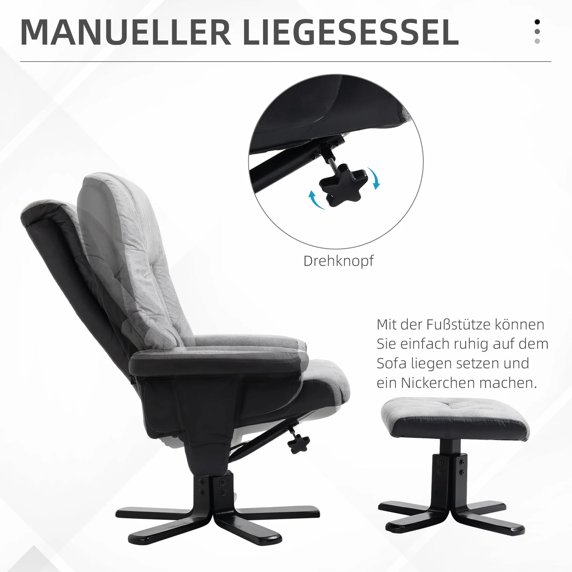 HOMCOM Fotel relaksacyjny z taboretem, obrotowy fotel telewizyjny z funkcją leżenia, tapicerowany fotel do salonu, sypialni, mikrofibra, szary, 78 x 82,5 x 109 cm