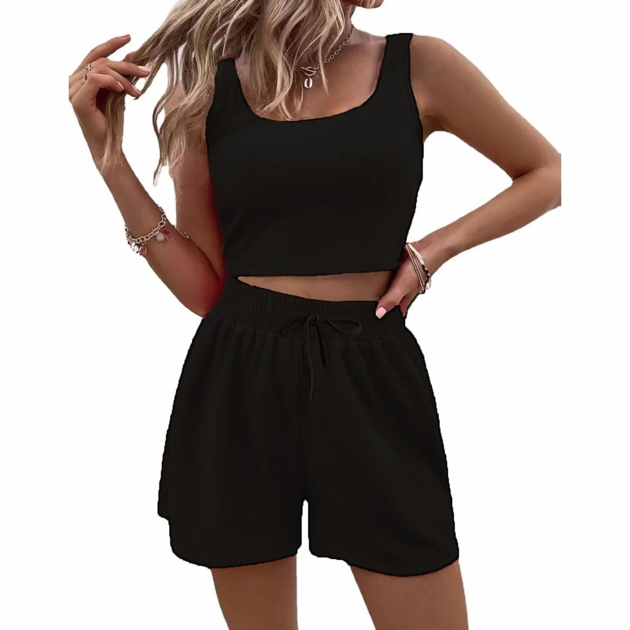 Zestaw Sportowy Kobiety 2 Kawałki Crop Top Krótki Bez Rękawów Dopasowanie i Szorty Wysokiej Talii Casual Chandal Lato Odzież Sportowa Fitness