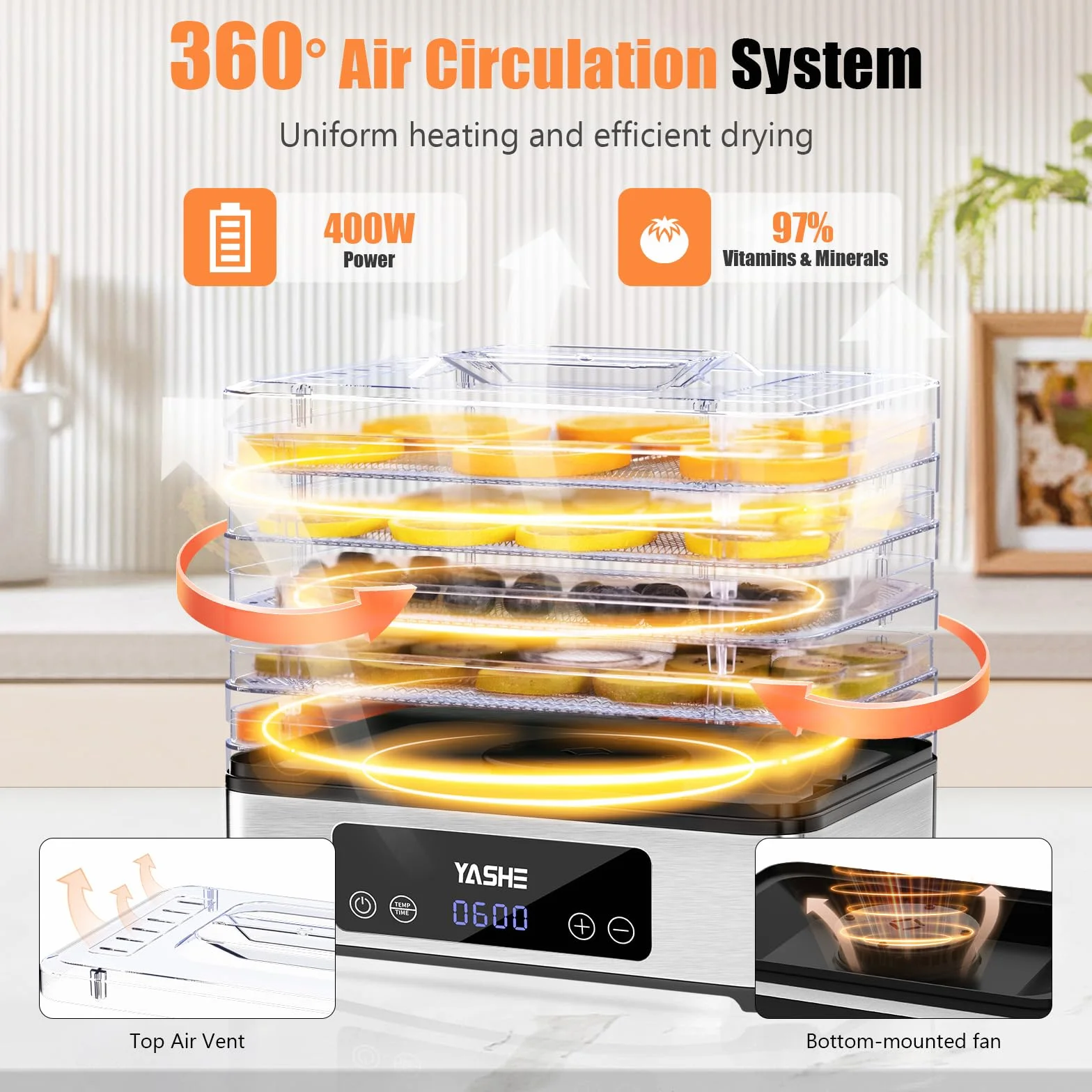 YASHE Dehydrator do Żywności 5-Tacowy Suszarka ze Stali Nierdzewnej 400W Regulowany Timer Temperatura