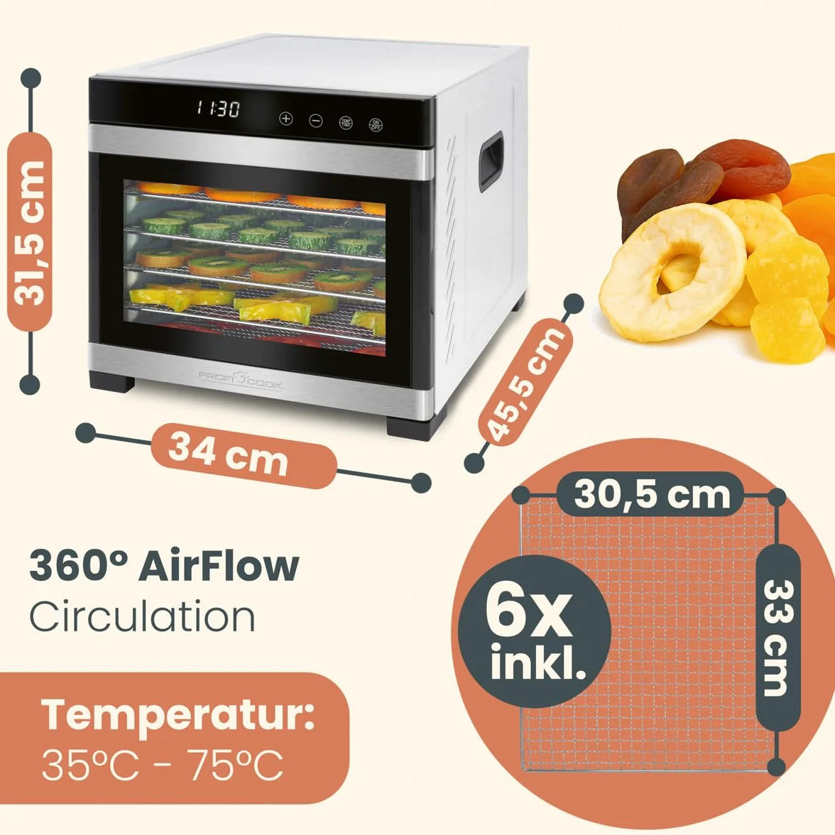 ProfiCook® PC-DR 1218 suszarka do włosów, stal nierdzewna, regulator temperatury 35-75°C, nie zawiera BPA, funkcja timera, 6 poziomów, wyświetlacz LED, obsługa dotykowa, owoce, mięso, owoce, 650 W,