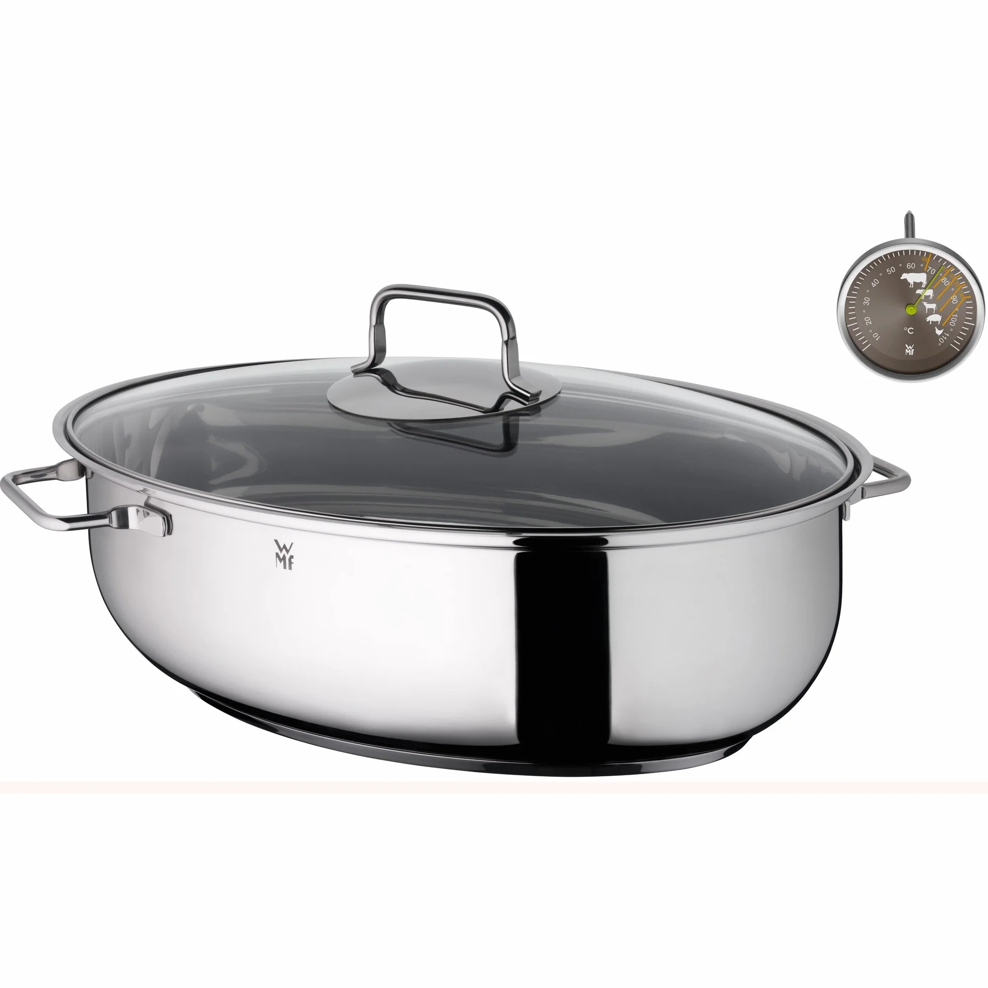 WMF Oval Roasting Dish with Thermometer, Glass Lid, Cromargan Stainless Steel, Induction, Dishwasher-Safe, 38 x 26 x 12 cm, 7.8 L