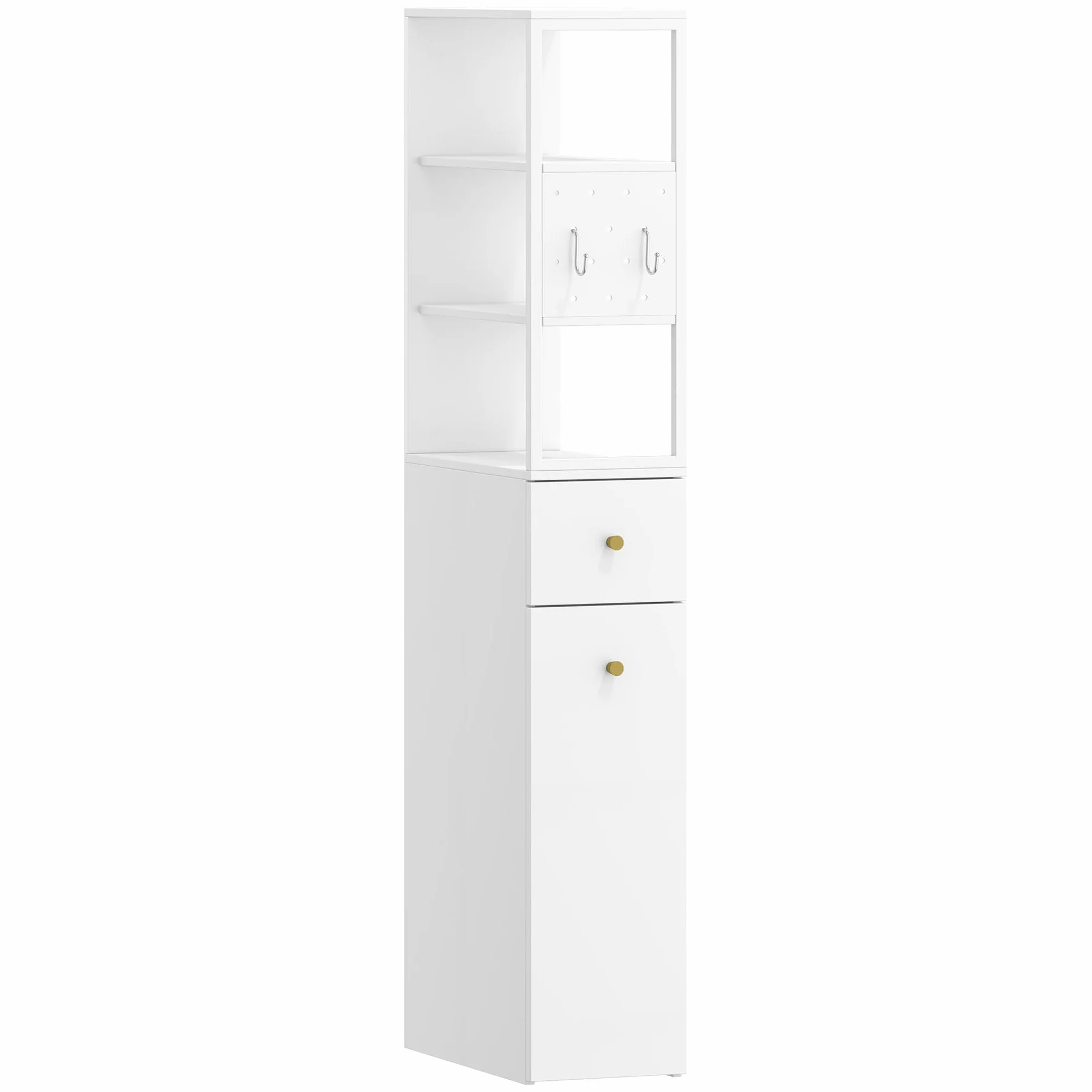 Hzuaneri BC32003W szafka łazienkowa, wysoka, z szufladą na kółkach, 3 otwarte półki regałowe, wysoka szafka boczna, 40 x 20 x 140 cm, biała, BC32003W