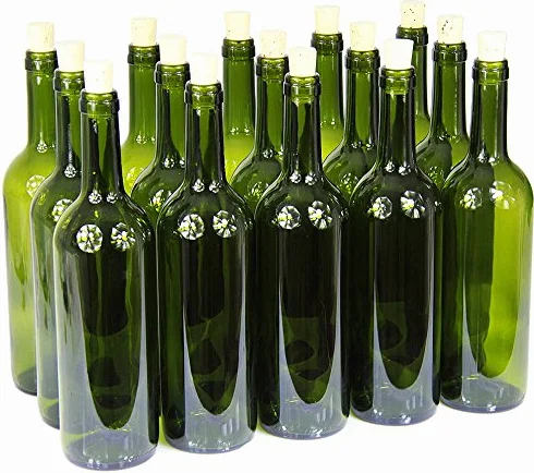 Butelka szklana 750 ml na likier wino 24 szt. z korkiem oliwkowa zieleń